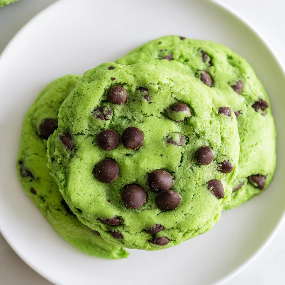 Golden-brown Mint Chocolate Chip Cookies are arranged on a rustic wooden board, highlighting their chewy texture and festive green coloring.