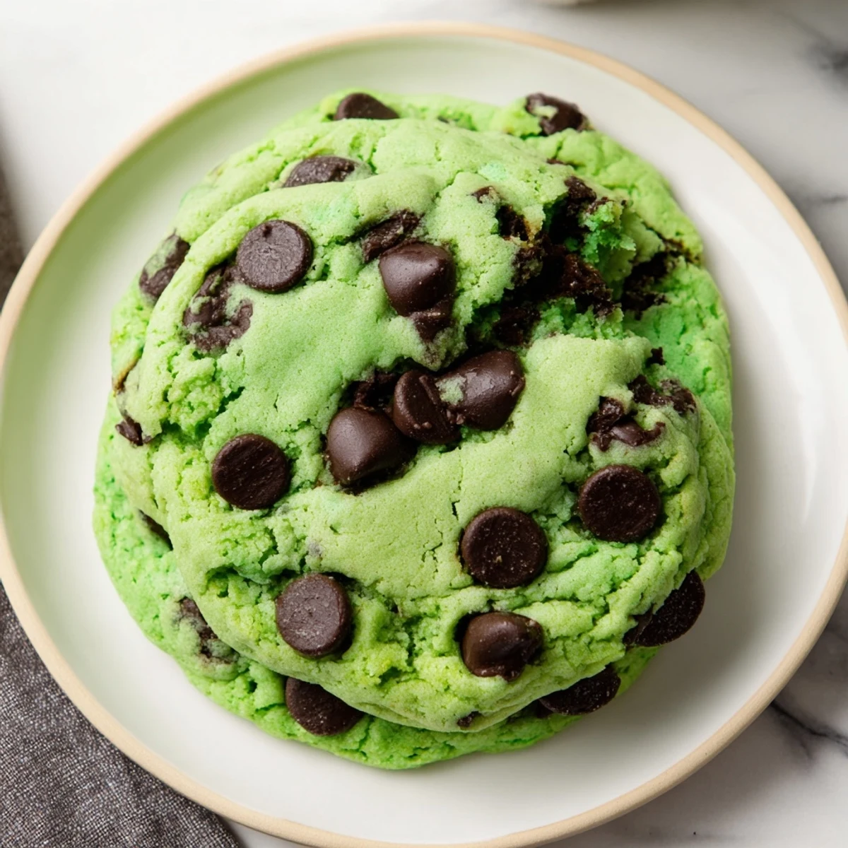Soft-baked Mint Chocolate Chip Cookies sit on a white plate with a glass of milk, ready for an afternoon treat.