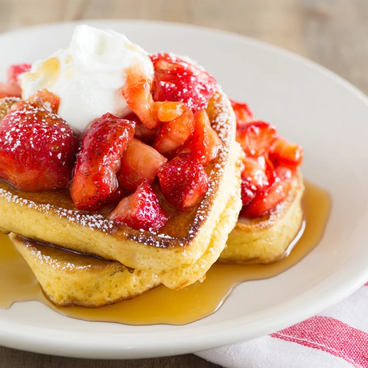 Golden-brown heart-shaped Valentine Breakfast Pancakes served warm with juicy strawberries and a dollop of whipped cream.  