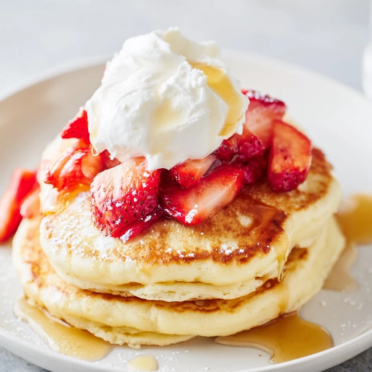 A stack of heart-shaped Valentine Breakfast Pancakes topped with fresh sliced strawberries, powdered sugar, and maple syrup for a romantic breakfast.  