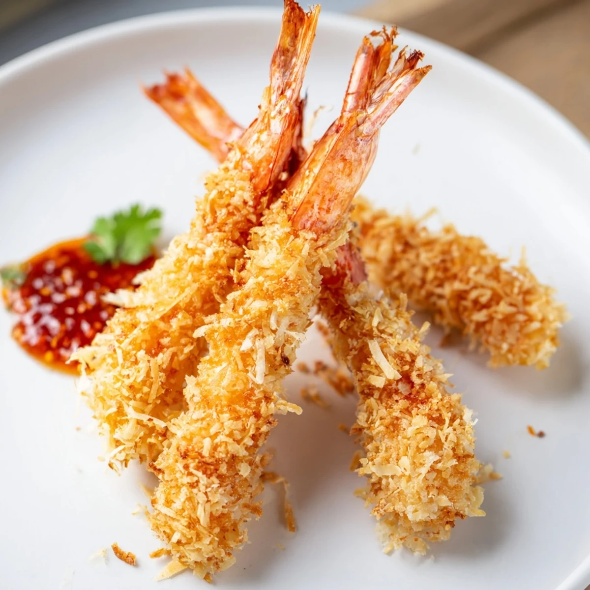 Golden-brown Crispy Coconut Shrimp with Sweet Chili Sauce arranged on parchment paper with a small bowl of dipping sauce.