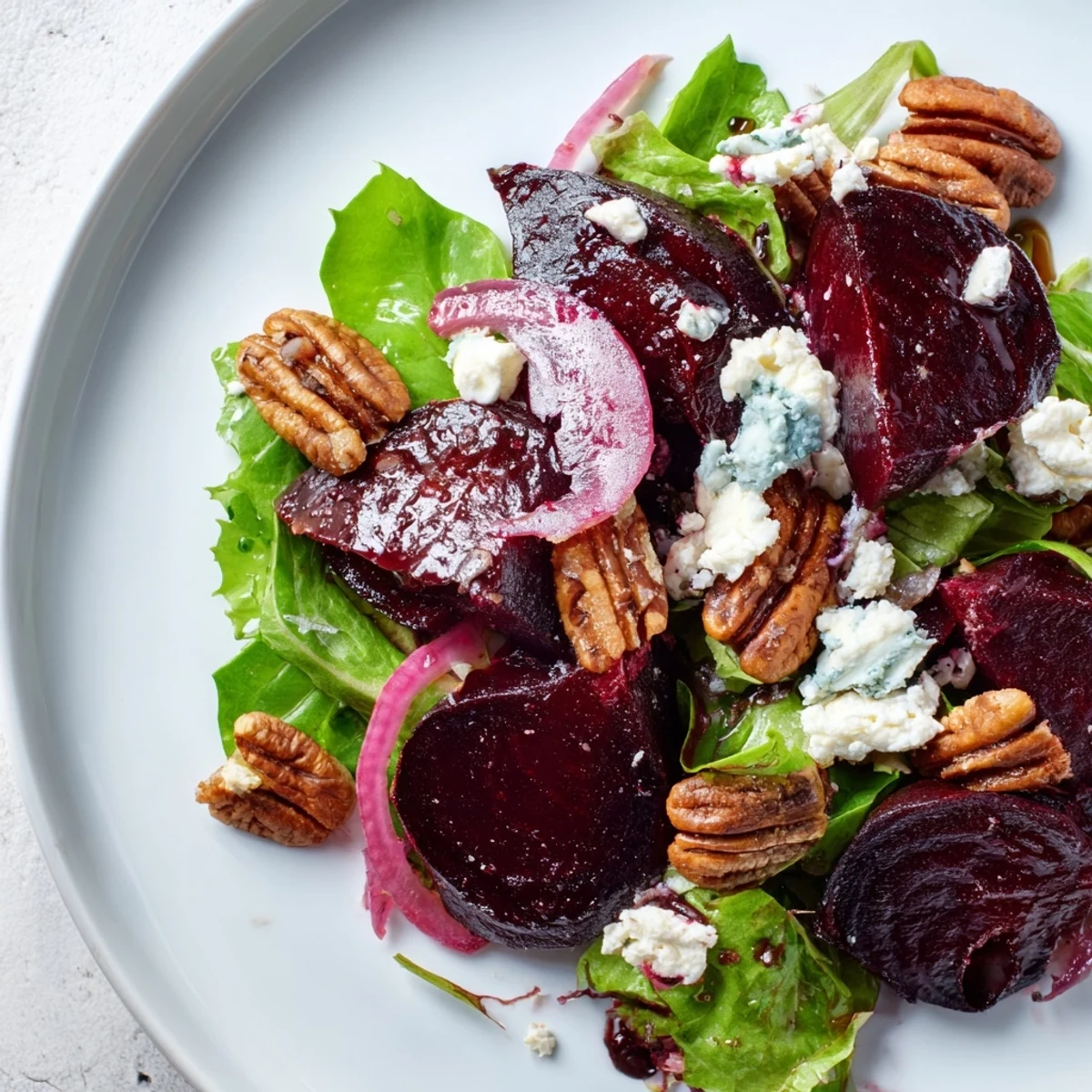 Roasted beets, creamy goat cheese, and toasted pecans on mixed greens, drizzled with balsamic vinaigrette for a vibrant salad.