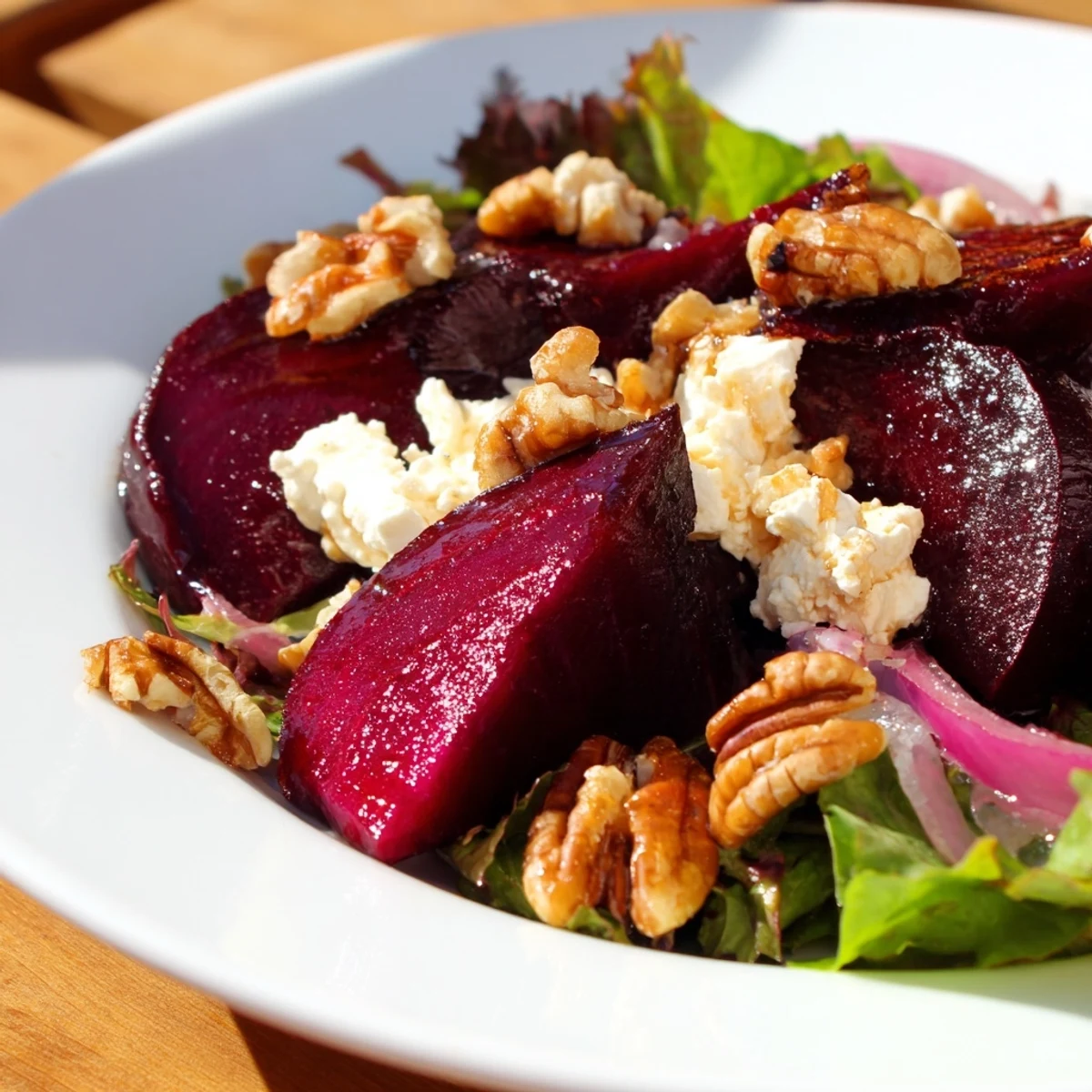 A serving of Roasted Beet and Goat Cheese Salad with sliced red onion, showcasing tender beet wedges and crumbled cheese.