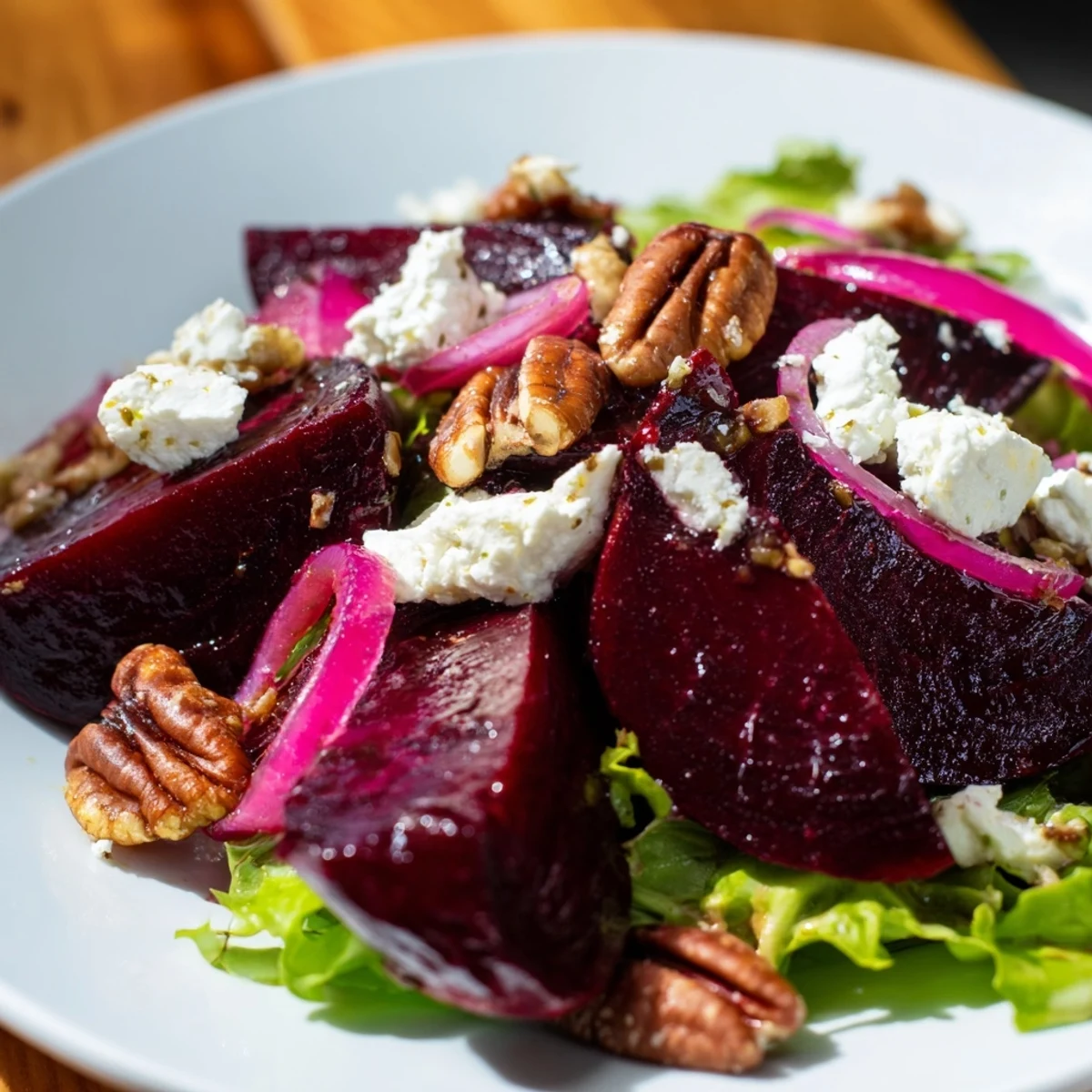 Platter of Roasted Beet and Goat Cheese Salad, garnished with crunchy pecans and fresh greens, ready for a light main course.