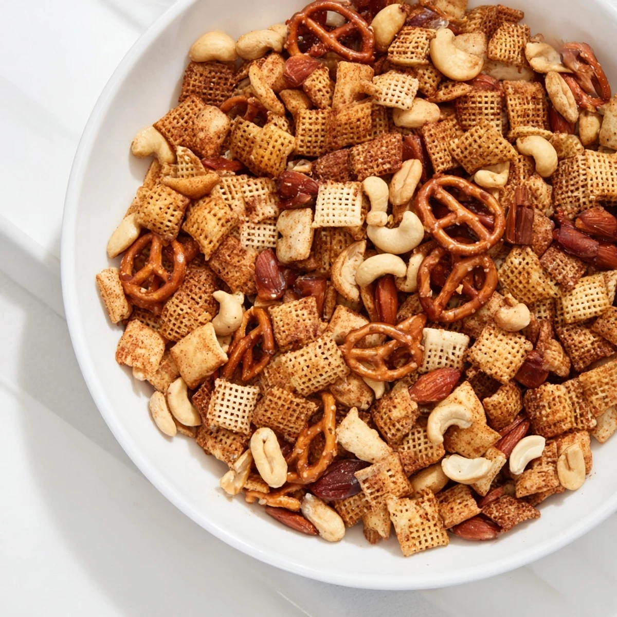Golden Super Bowl Snack Mix with nuts and pretzels bakes on a sheet pan with savory seasoning.