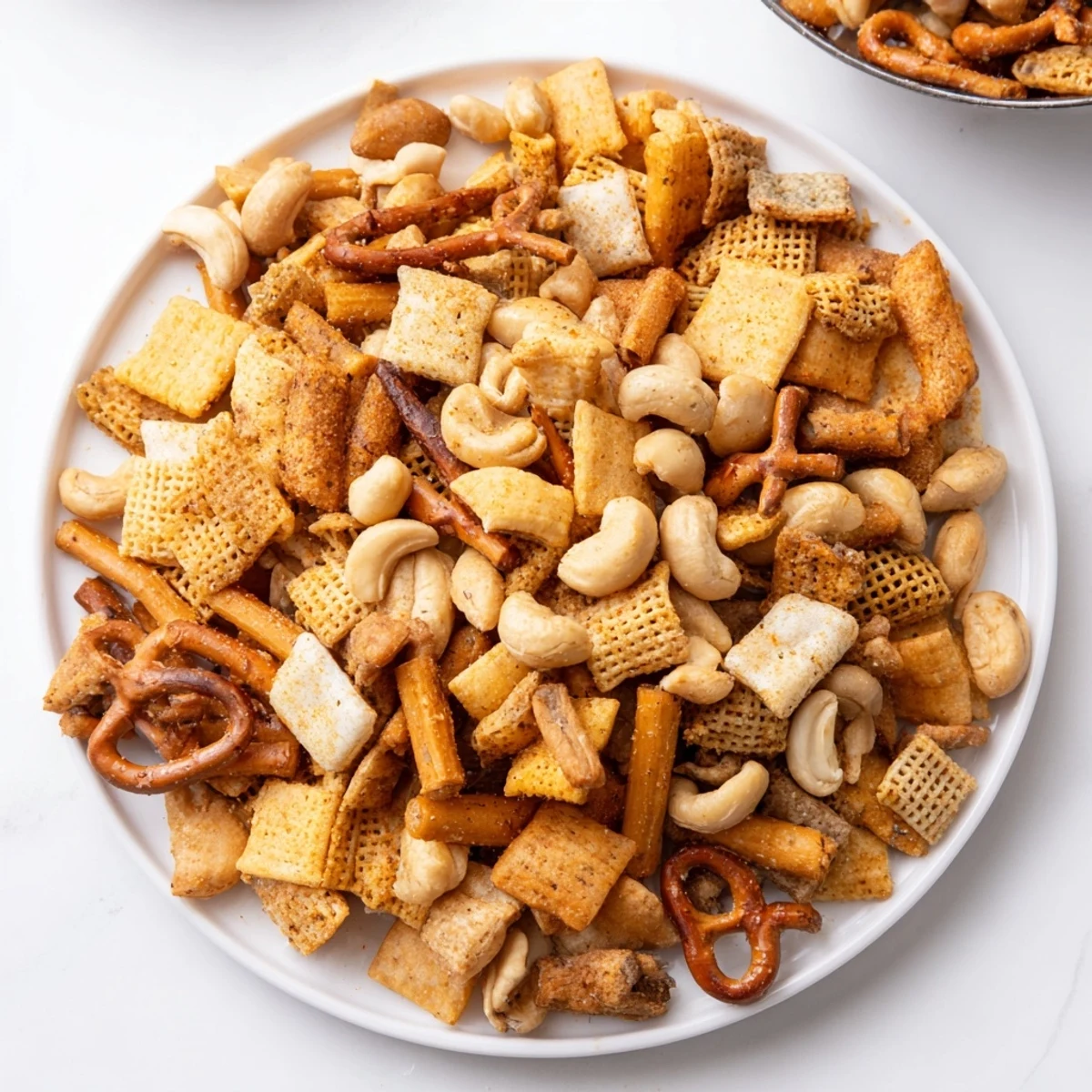 A zesty, crunchy Super Bowl Snack Mix with nuts and pretzels fills a serving bowl for game day.