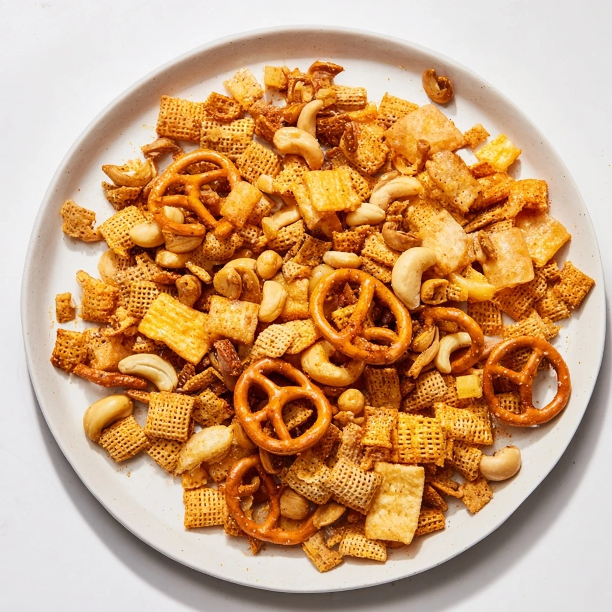 Hearty Super Bowl Snack Mix with nuts and pretzels cools on parchment, loaded with nuts and pretzels.