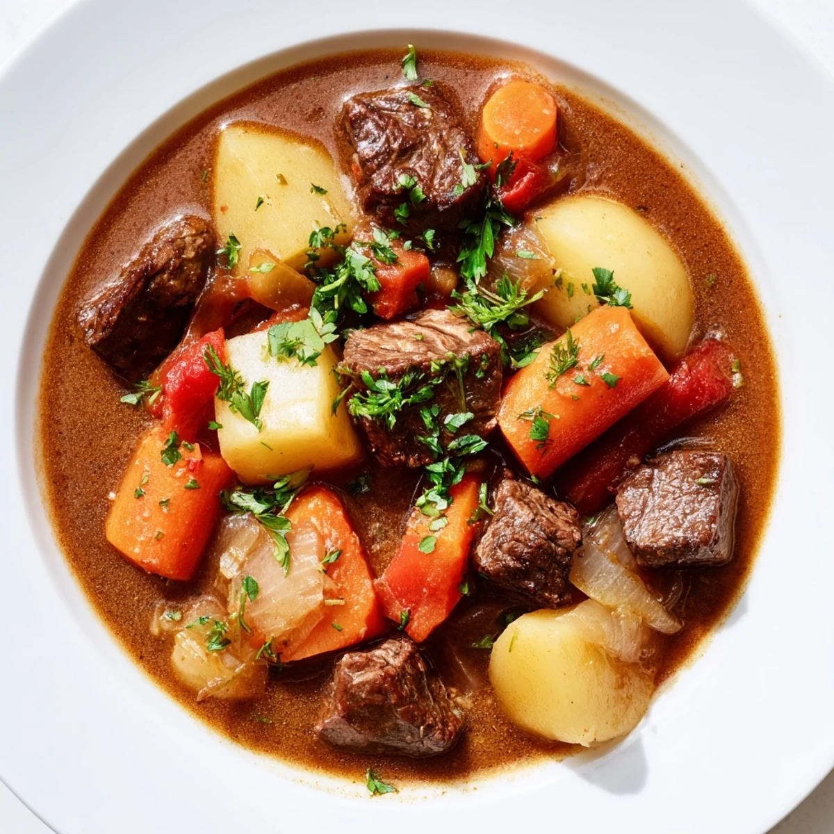 Savory Beef Stew with Root Vegetables steaming in a rustic bowl garnished with fresh parsley.