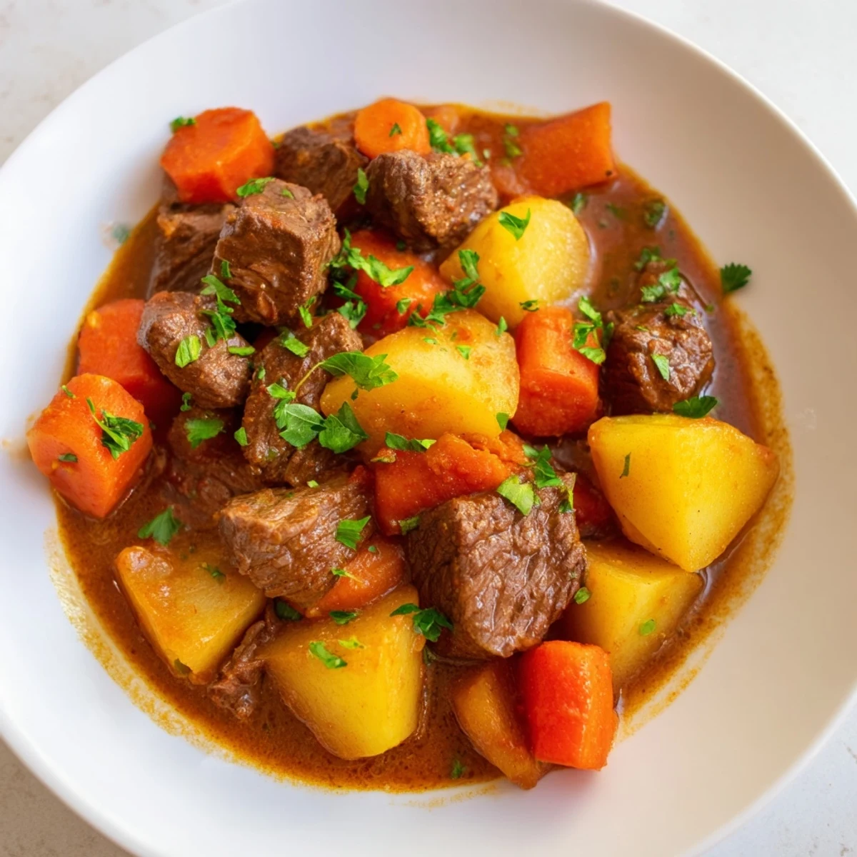 A hearty ladleful of Savory Beef Stew with Root Vegetables served alongside crusty artisan bread.