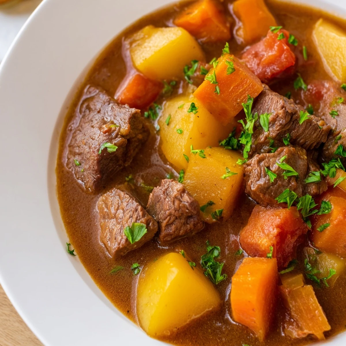 Close-up of tender beef and glazed carrots in Savory Beef Stew with Root Vegetables.