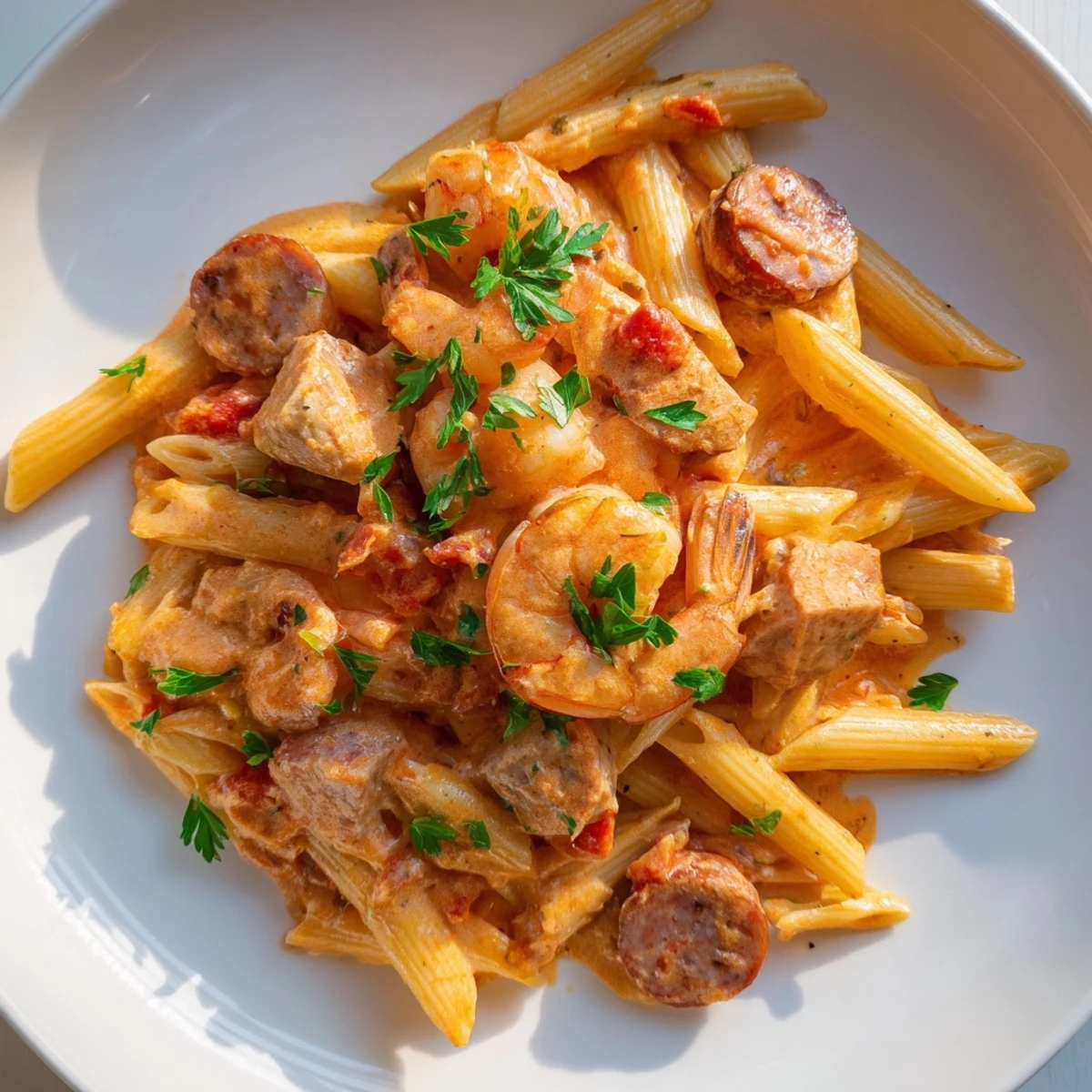 Spicy Jambalaya Pasta with Chicken and Shrimp in a creamy tomato sauce with bell peppers and onions.
