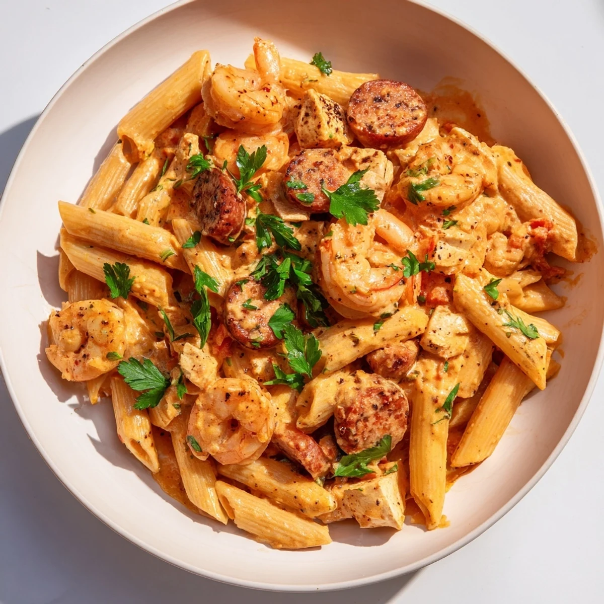 Plump shrimp and tender chicken pieces are tossed with penne pasta in a rich, spicy Cajun-inspired sauce.