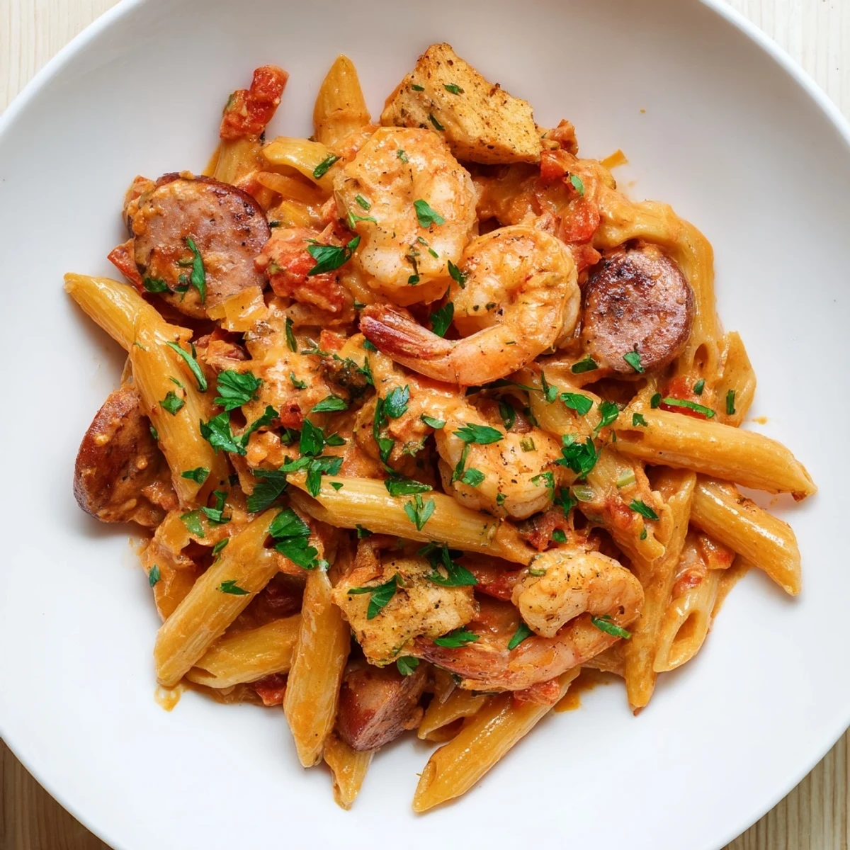 Hearty Spicy Jambalaya Pasta served in a bowl garnished with fresh parsley and lemon wedges for brightness.