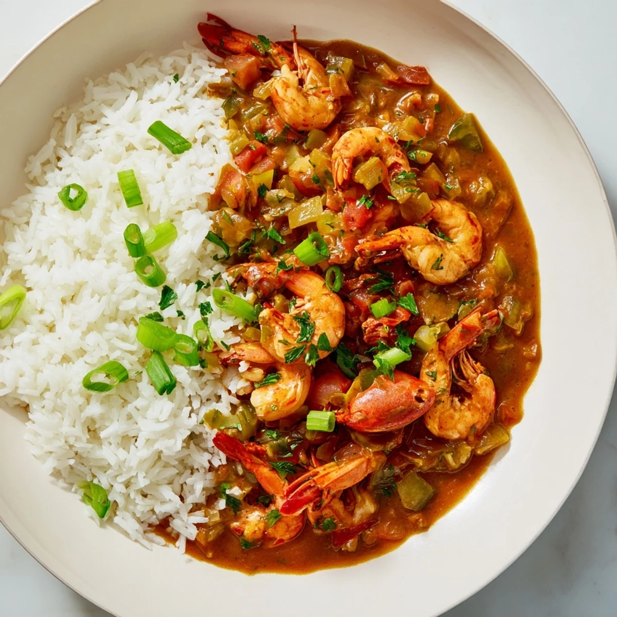 Golden-brown crawfish étouffée with tender tails ladled over fluffy white rice, garnished with fresh parsley and green onions.