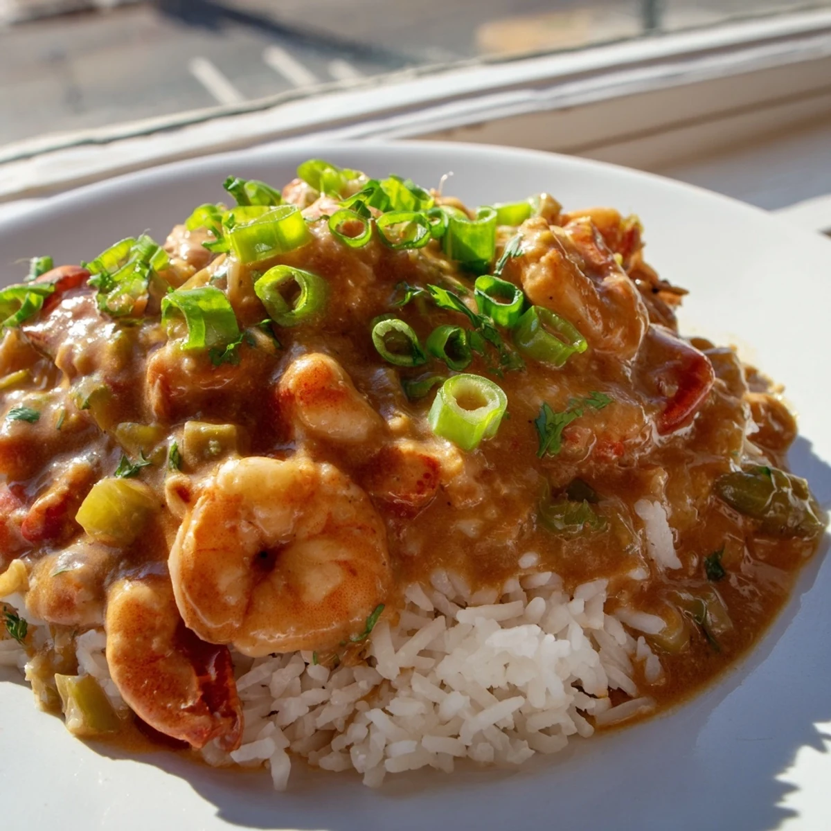 Deep amber crawfish étouffée spooned over white rice in a white bowl, parsley garnish and a side of crusty bread.