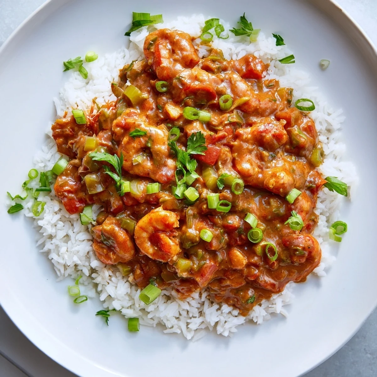 Bright, steamy bowl of Louisiana crawfish étouffée served on white rice, with green onions and a lemon wedge.
