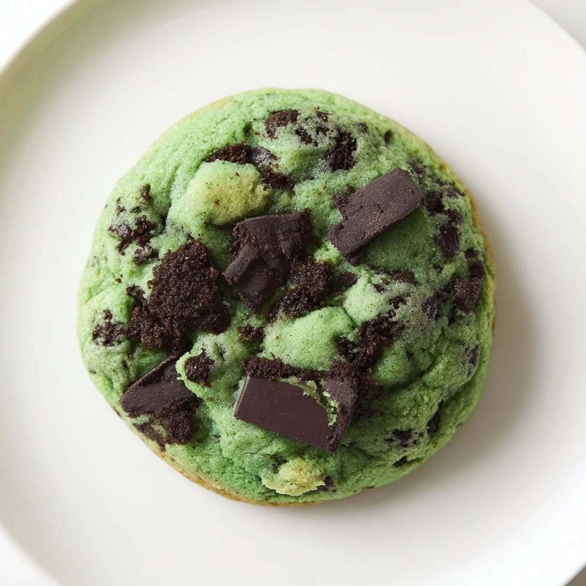 Freshly baked Mint Chocolate Chip Cookies with vibrant green dough are displayed on a wire cooling rack, with melty chocolate chips visible.