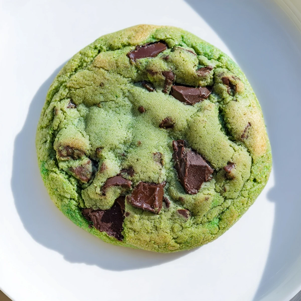A close-up shot of a stack of soft Mint Chocolate Chip Cookies, highlighting the chewy texture and rich mint-infused green dough.
