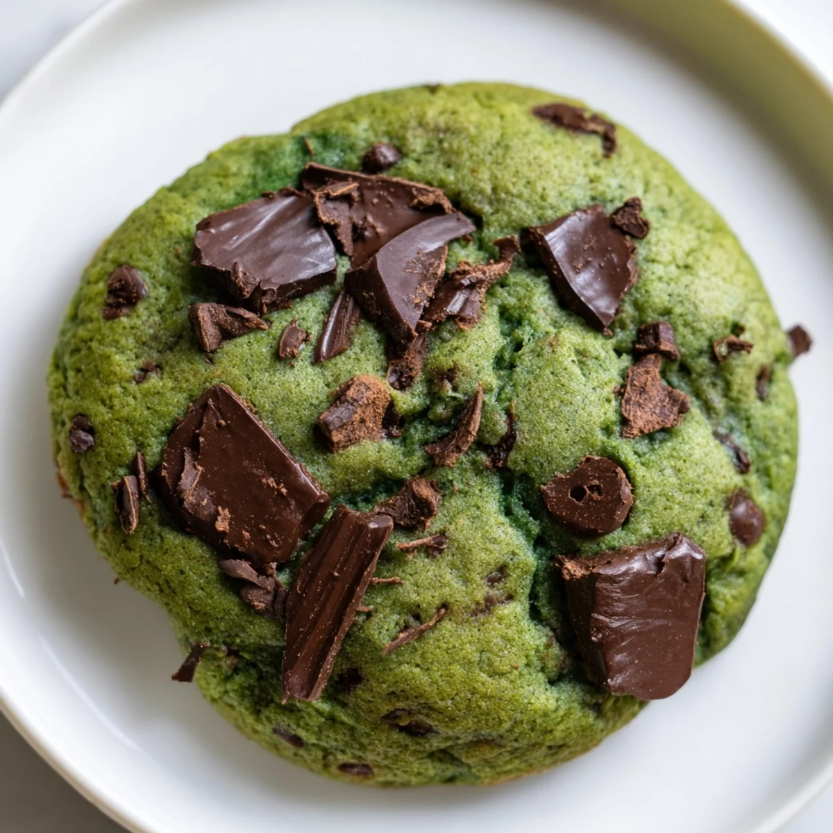 Homemade Mint Chocolate Chip Cookies with festive green dough are arranged on a white plate, ready to be enjoyed with a glass of milk.