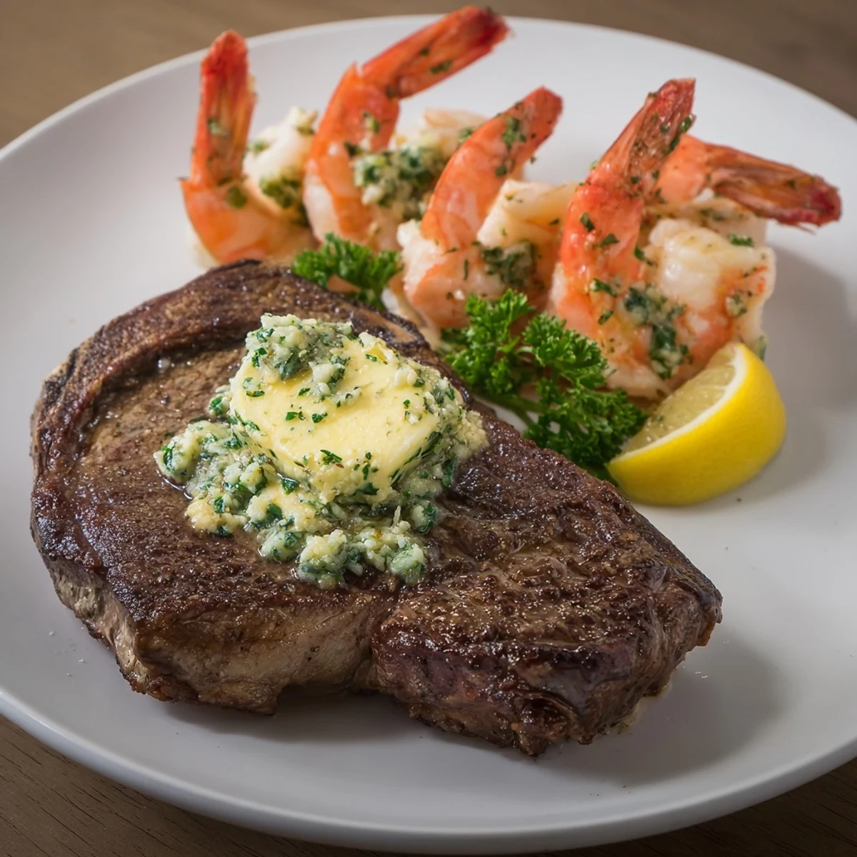 A plated Surf and Turf Steak and Shrimp Dinner served with roasted potatoes and a glass of red wine.