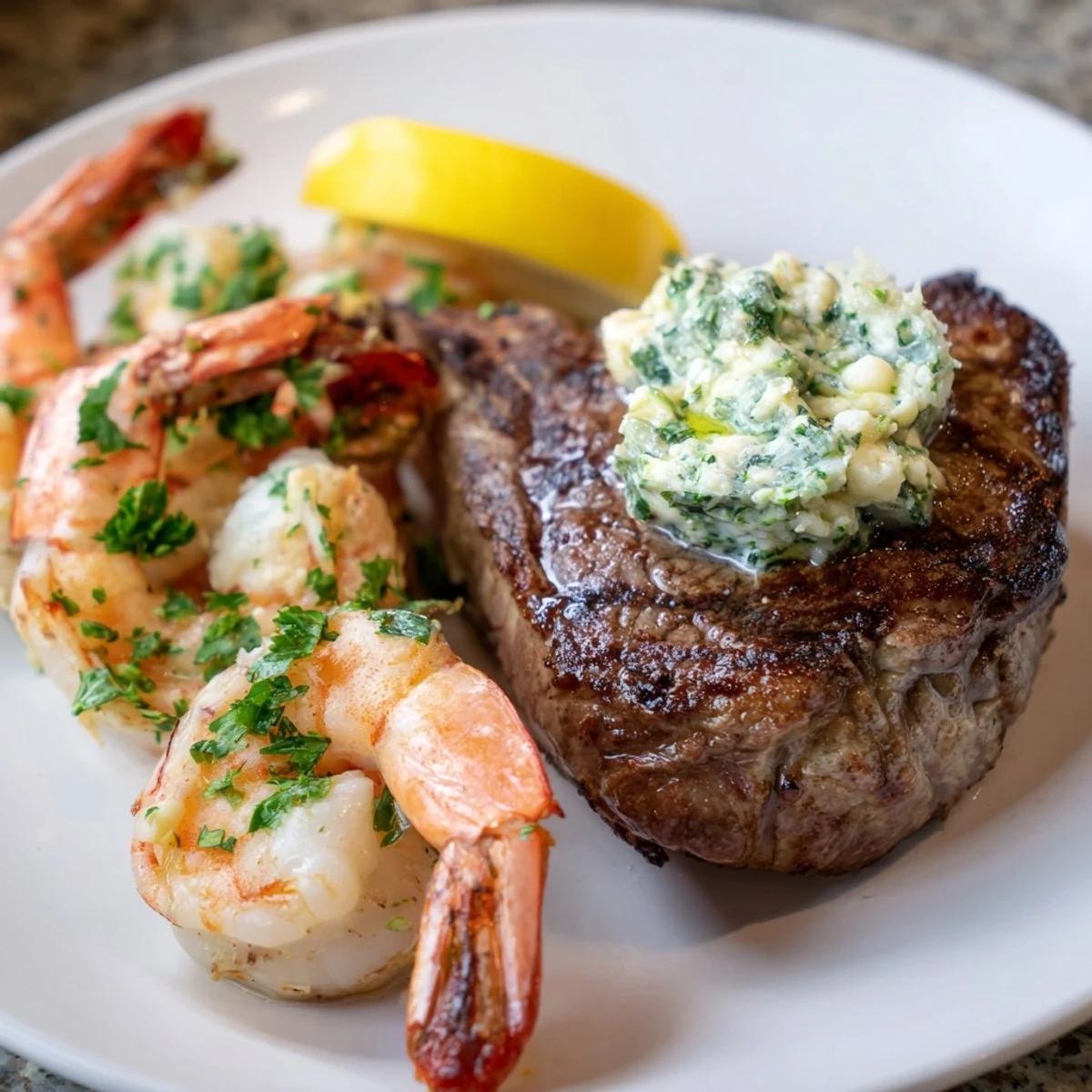 Close-up of Surf and Turf Steak and Shrimp Dinner featuring garlic herb butter melting over the meat.