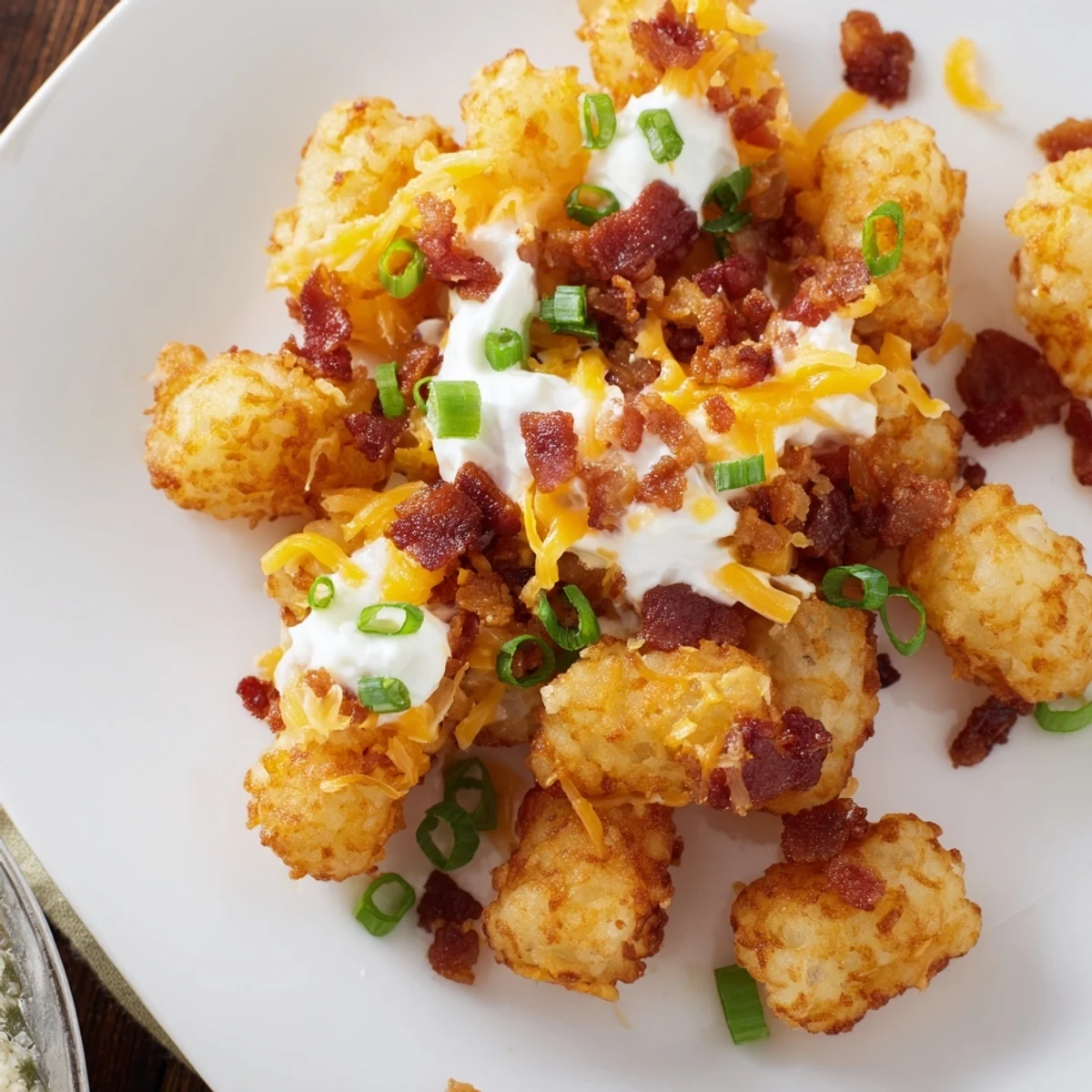 Loaded Tater Tots with Cheese and Beef Bacon Bits topped with sour cream and green onions.