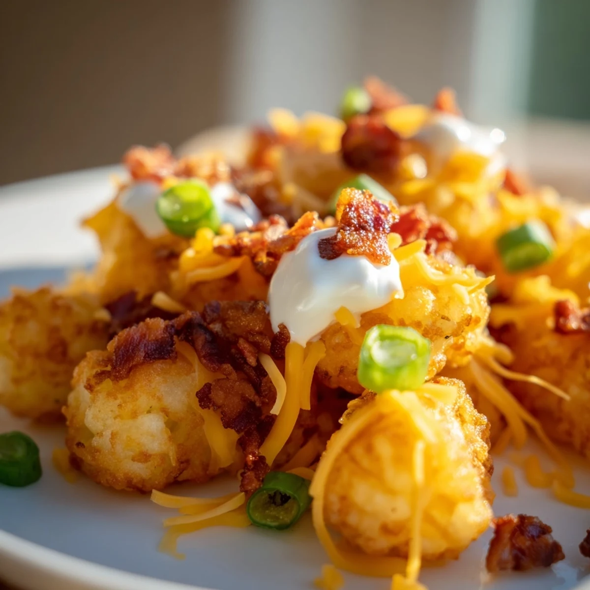 Sizzling Loaded Tater Tots with Cheese and Beef Bacon Bits served warm on a platter.