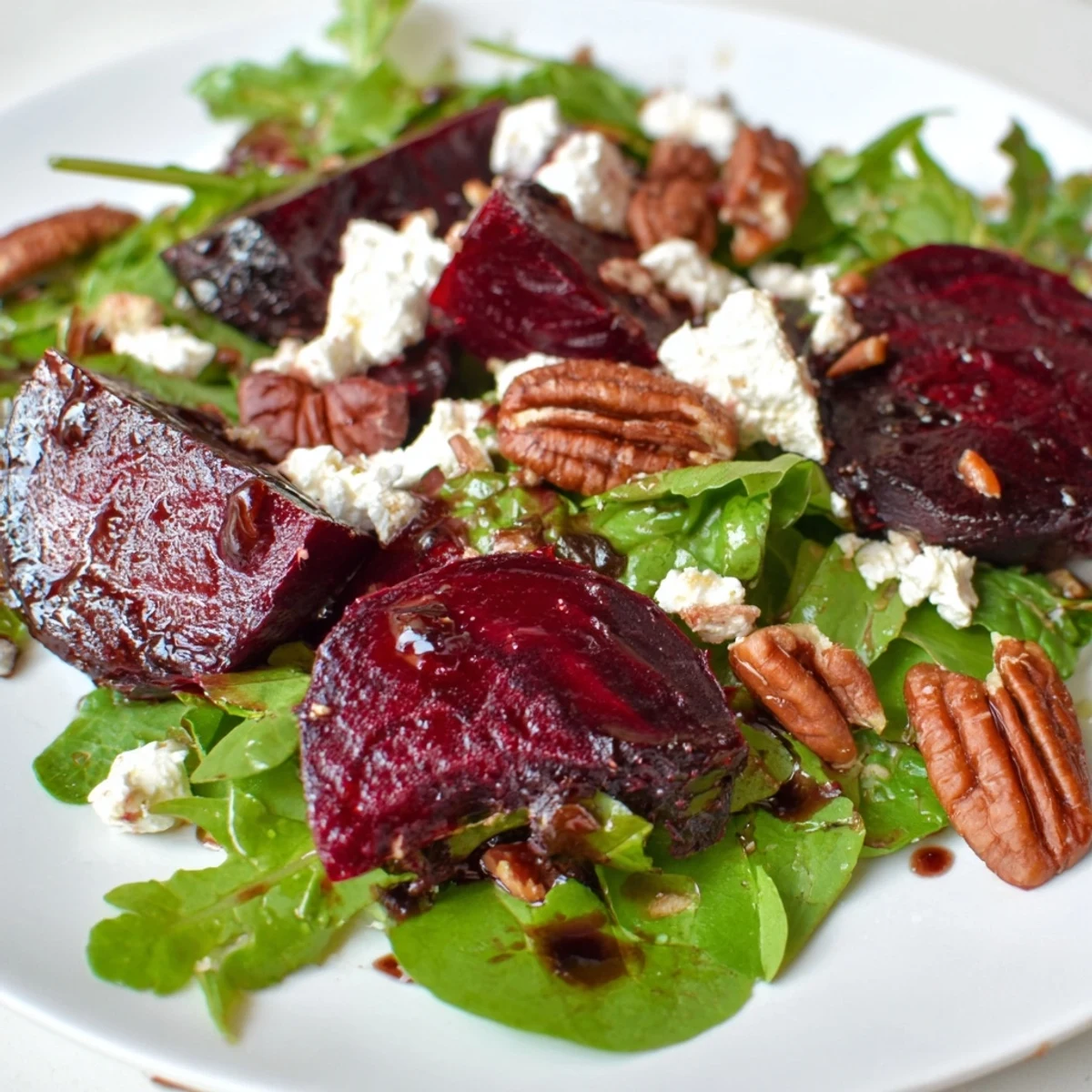 Sliced roasted beets and creamy crumbled goat cheese crown this elegant roasted beet and goat cheese salad, garnished with crunchy pecans.