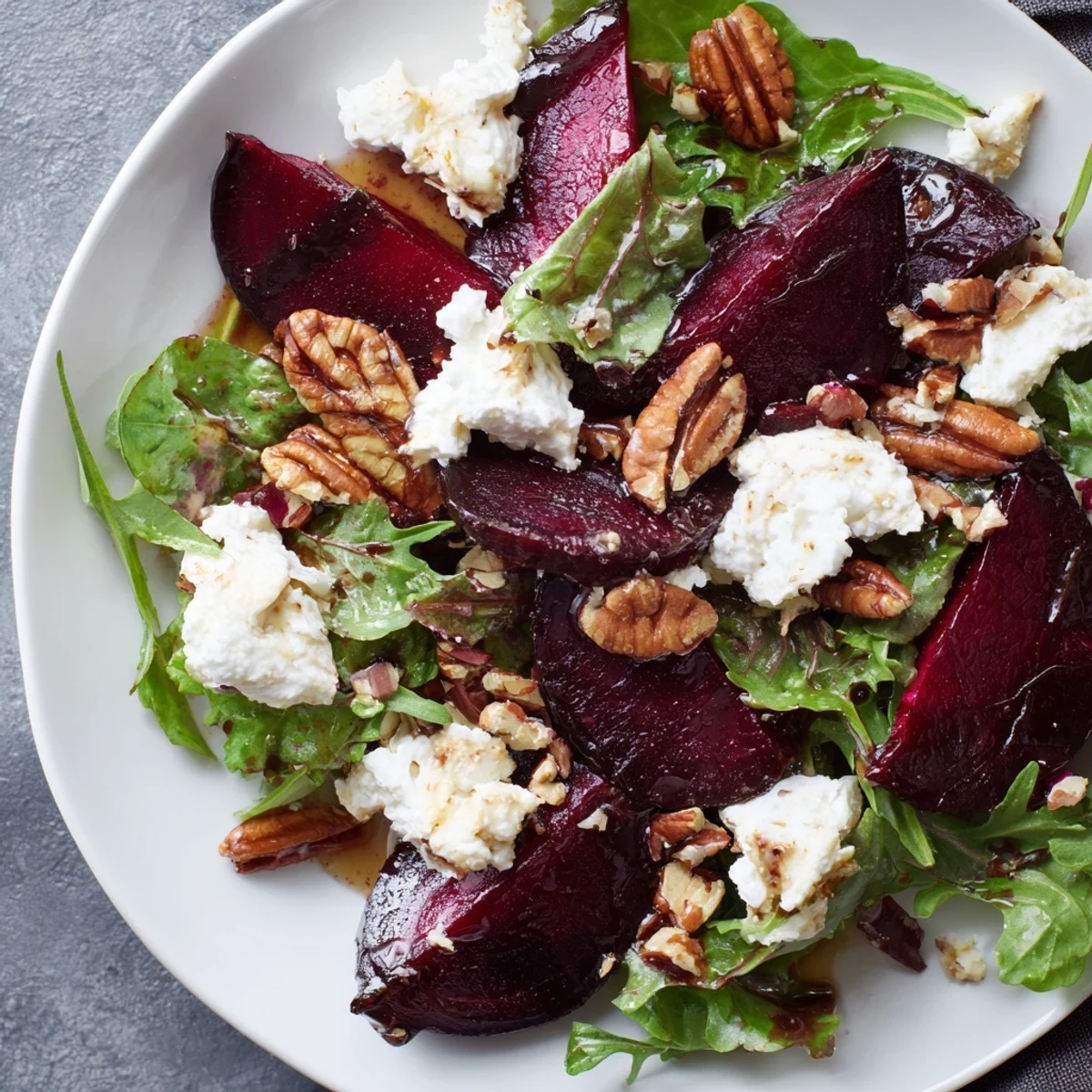 Roasted beet and goat cheese salad with toasted pecans on a bed of mixed greens, drizzled with tangy balsamic vinaigrette.
