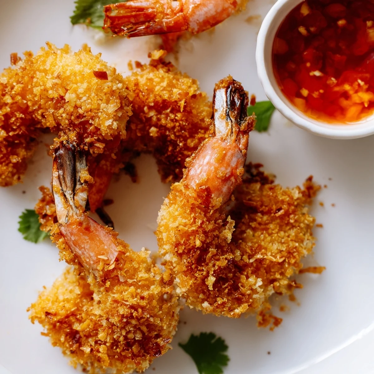 Crispy Coconut Shrimp with Sweet Chili Sauce are golden brown and stacked high on a plate, garnished with fresh cilantro and a lime wedge.  