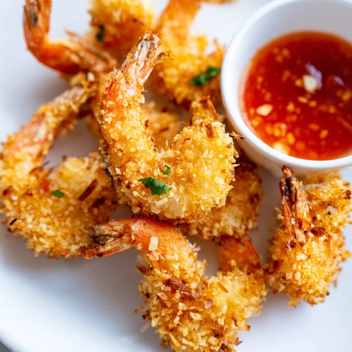Crispy Coconut Shrimp with Sweet Chili Sauce feature a crunchy coconut crust, served alongside a vibrant dipping sauce for an appetizer.  