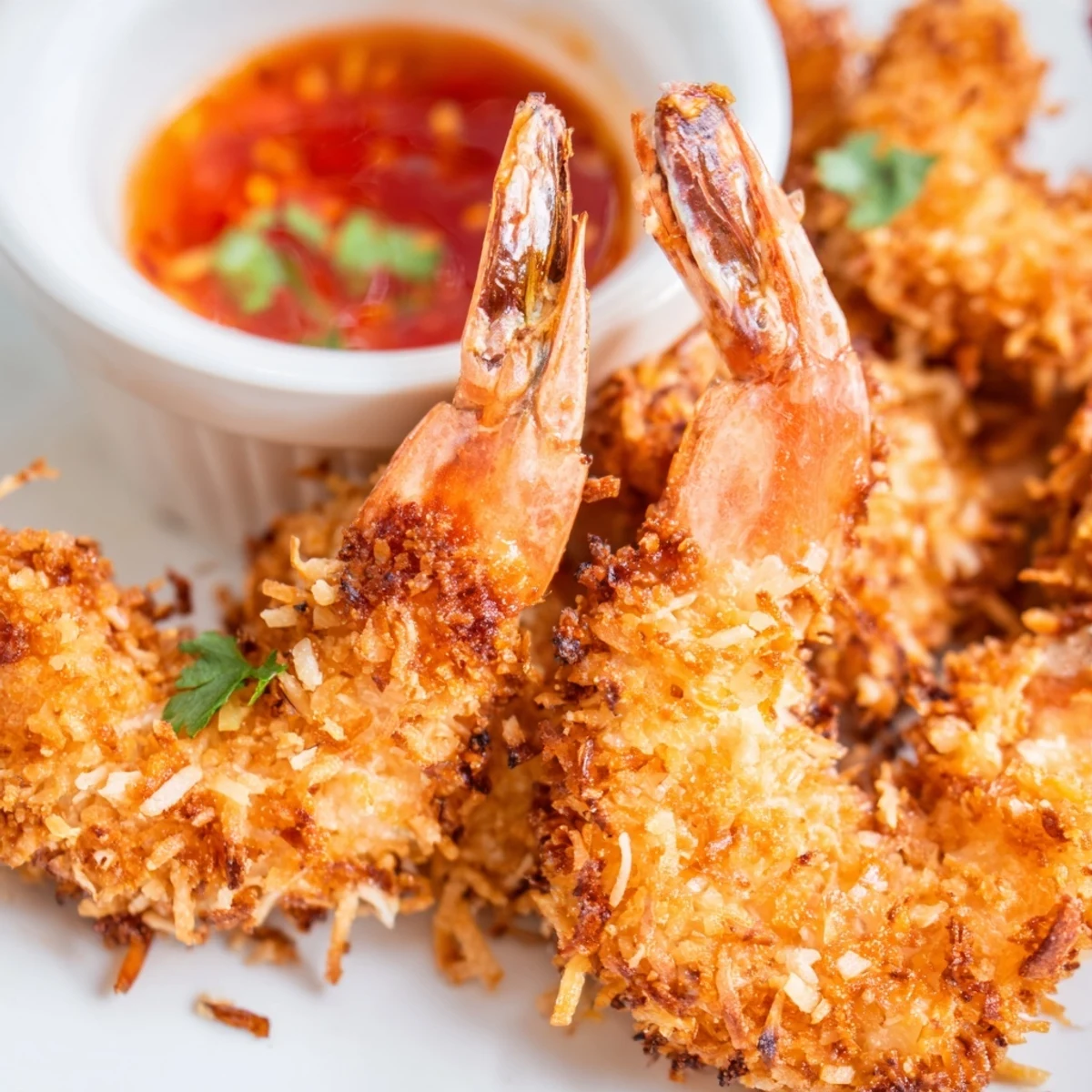 A close-up of Crispy Coconut Shrimp with Sweet Chili Sauce shows the textured, golden breading and a drizzle of sweet, tangy sauce.