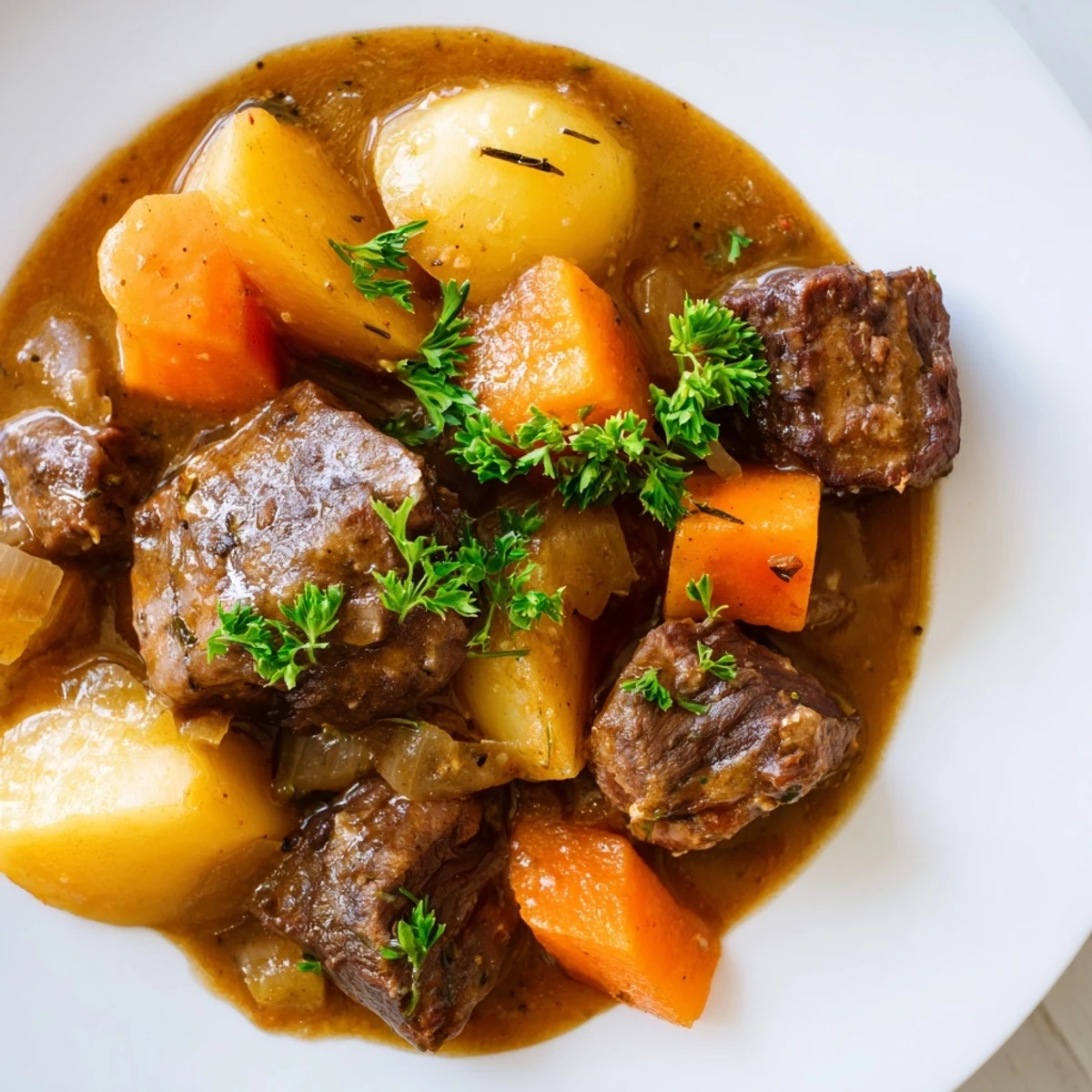 Hearty Savory Beef Stew with Root Vegetables simmering in a Dutch oven, with tender beef chunks, carrots, and potatoes in a rich, glossy broth.