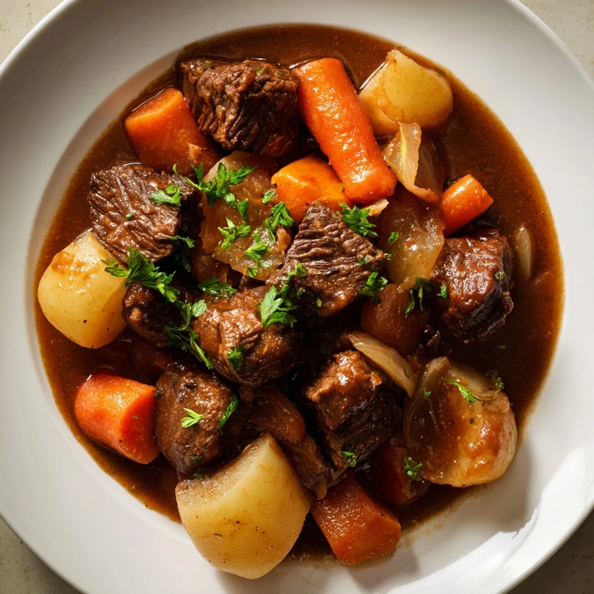 A rustic bowl of Savory Beef Stew with Root Vegetables, garnished with fresh parsley, steaming next to crusty bread on a cozy wooden table.