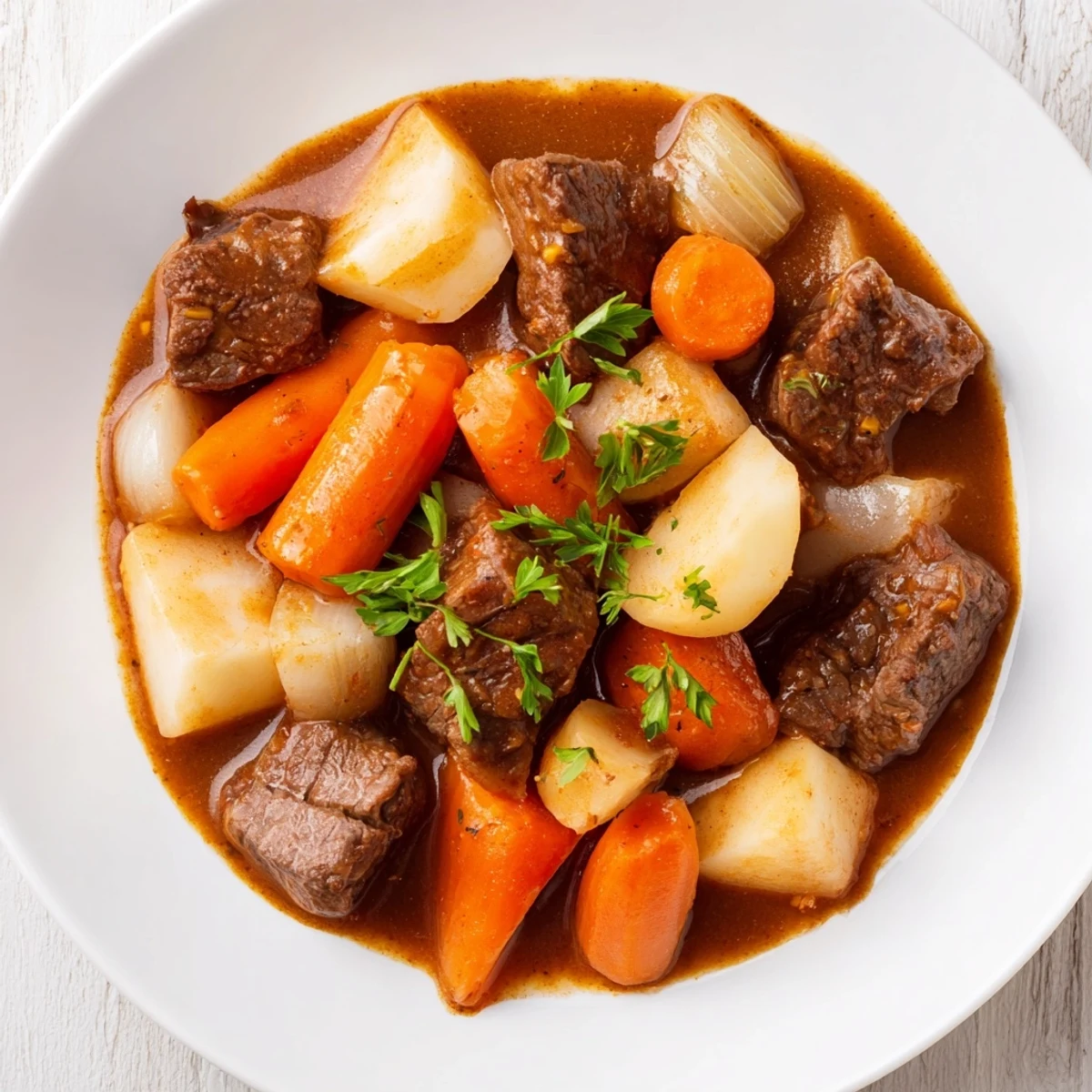 Close-up of Savory Beef Stew with Root Vegetables featuring glazed carrots, parsnips, and seared beef cubes swimming in a savory, thickened gravy.