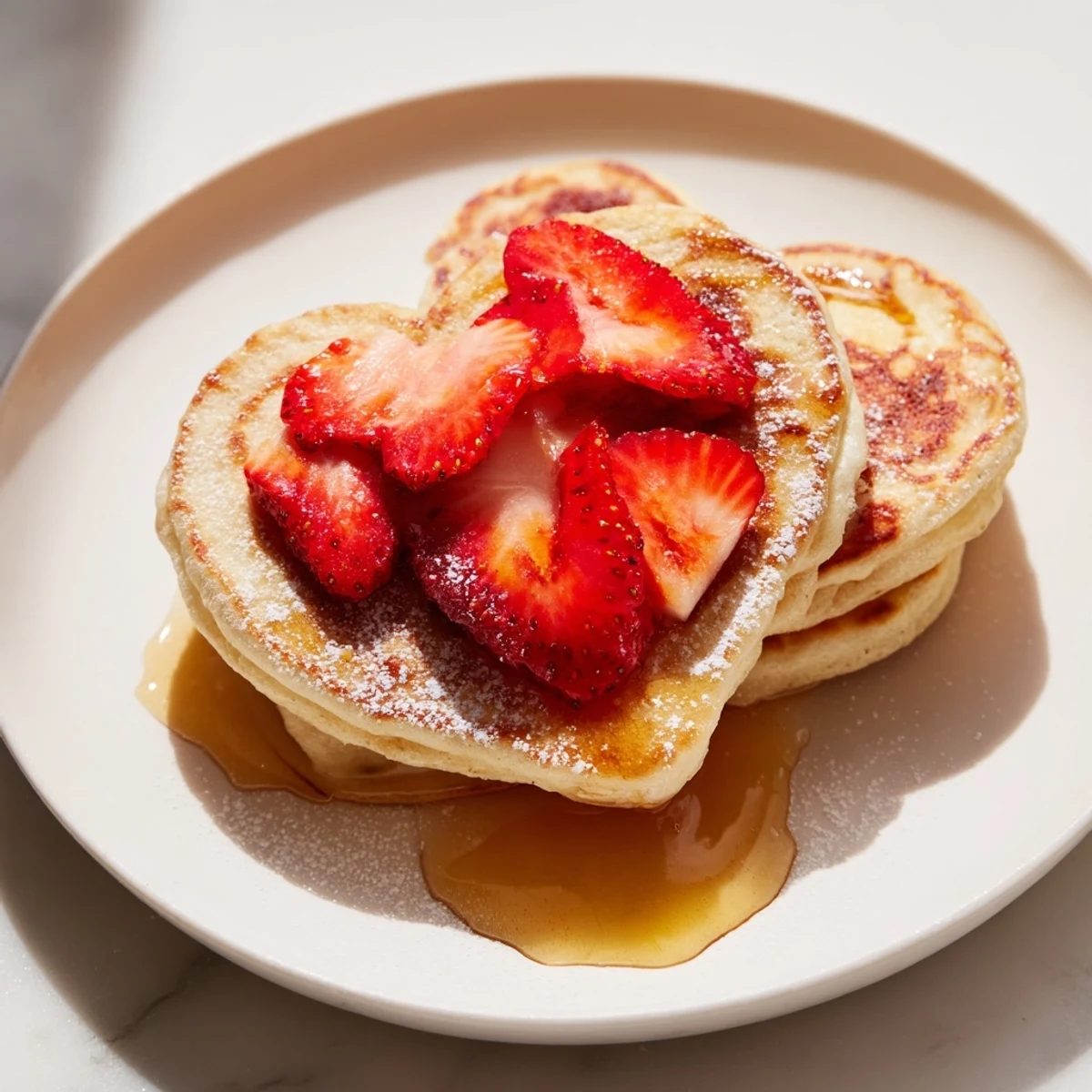 Golden-brown Valentine Breakfast Pancakes stacked high, drizzled with maple syrup beside bright red strawberries.