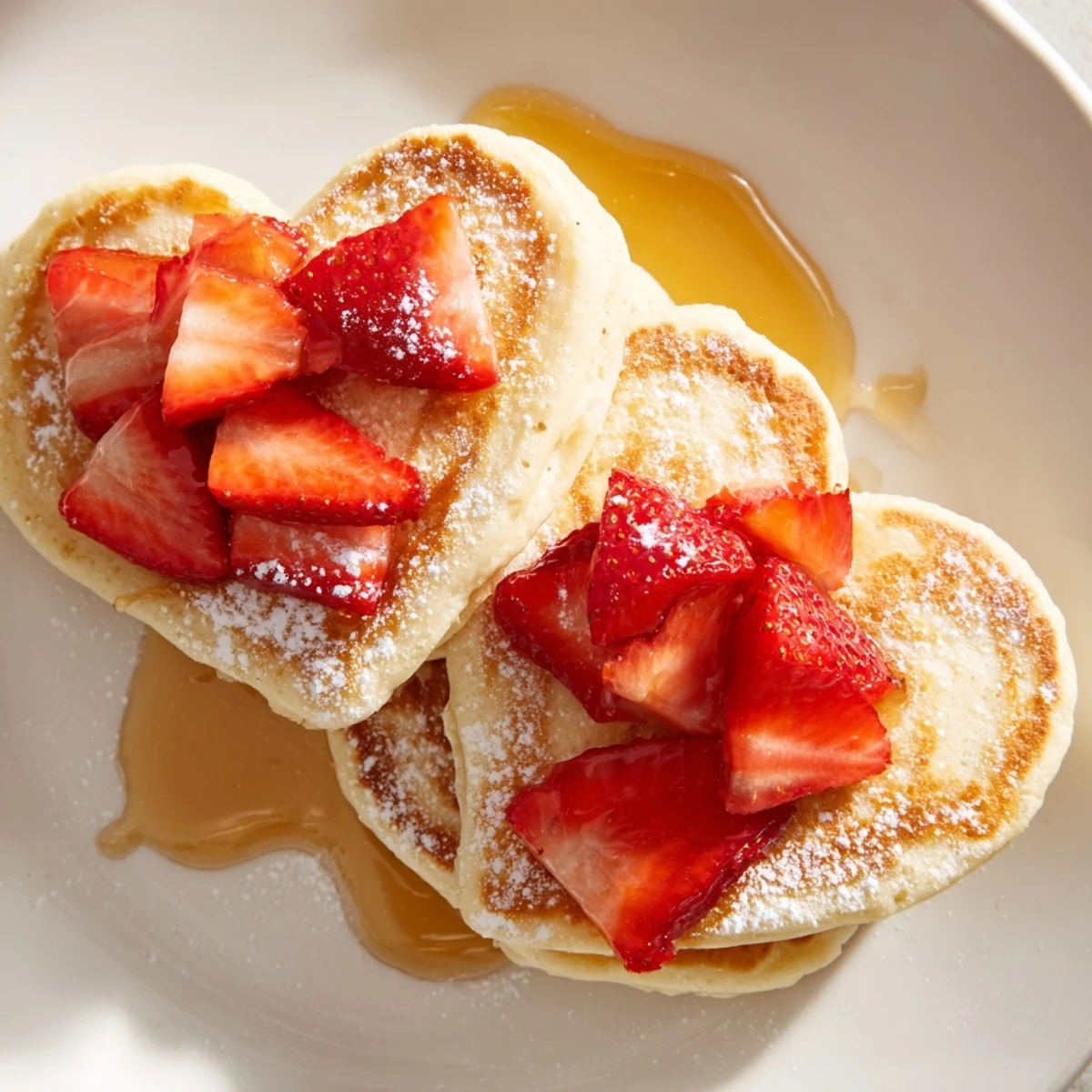 Fluffy Valentine Breakfast Pancakes served with whipped cream and sliced strawberries on a rustic plate.