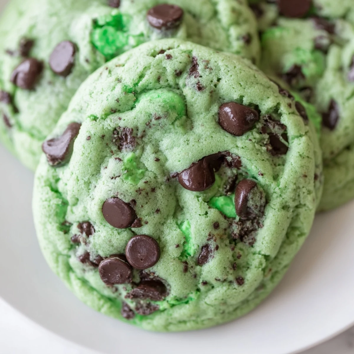 Freshly baked mint chocolate chip cookies with vibrant green dough and melty semi-sweet chocolate chips on a cooling rack.