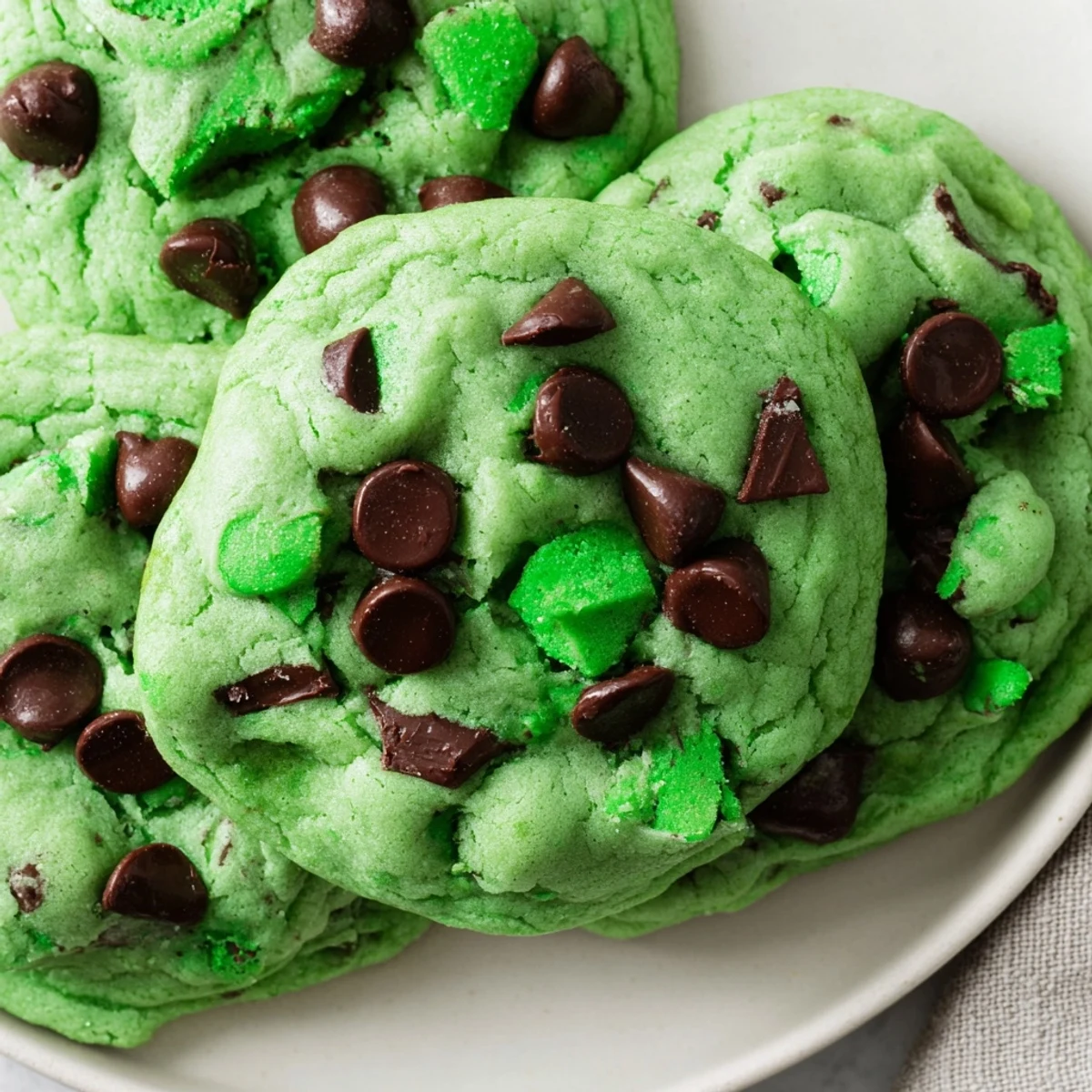 Stack of soft, chewy mint chocolate chip cookies with a cool peppermint aroma, perfect for an afternoon dessert treat.