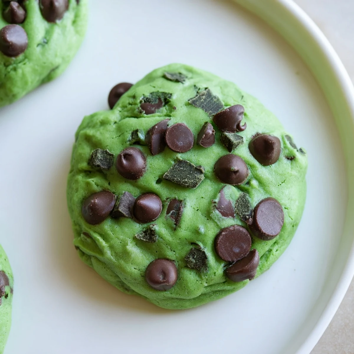Golden-edged green mint chocolate chip cookies studded with chocolate chips, ready to enjoy with a glass of cold milk.