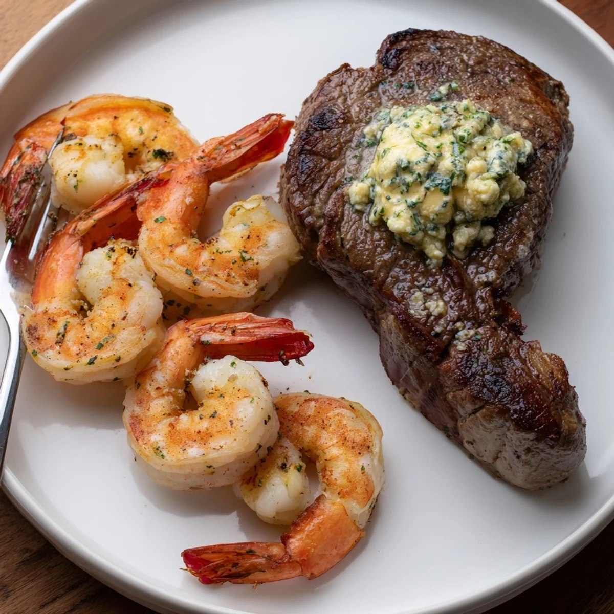 A close-up of Surf and Turf Steak and Shrimp Dinner with Butter, showcasing juicy, seared ribeye and plump shrimp glistening with garlic herb butter.