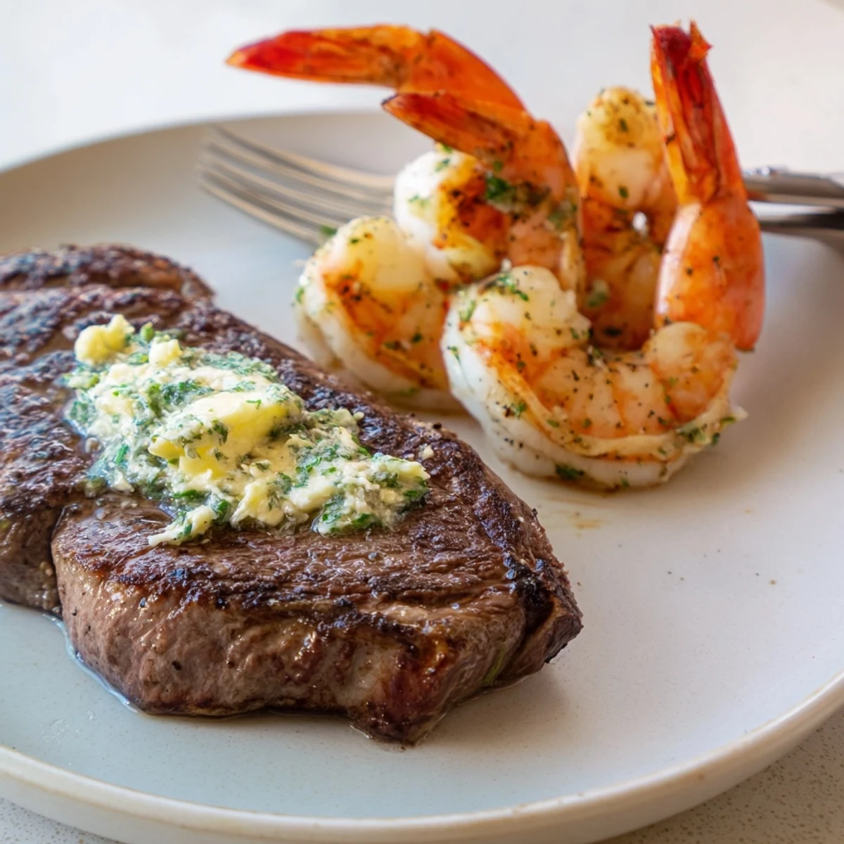 Overhead view of Surf and Turf Steak and Shrimp Dinner with Butter, plated with fresh parsley and lemon wedges alongside vibrant green asparagus.
