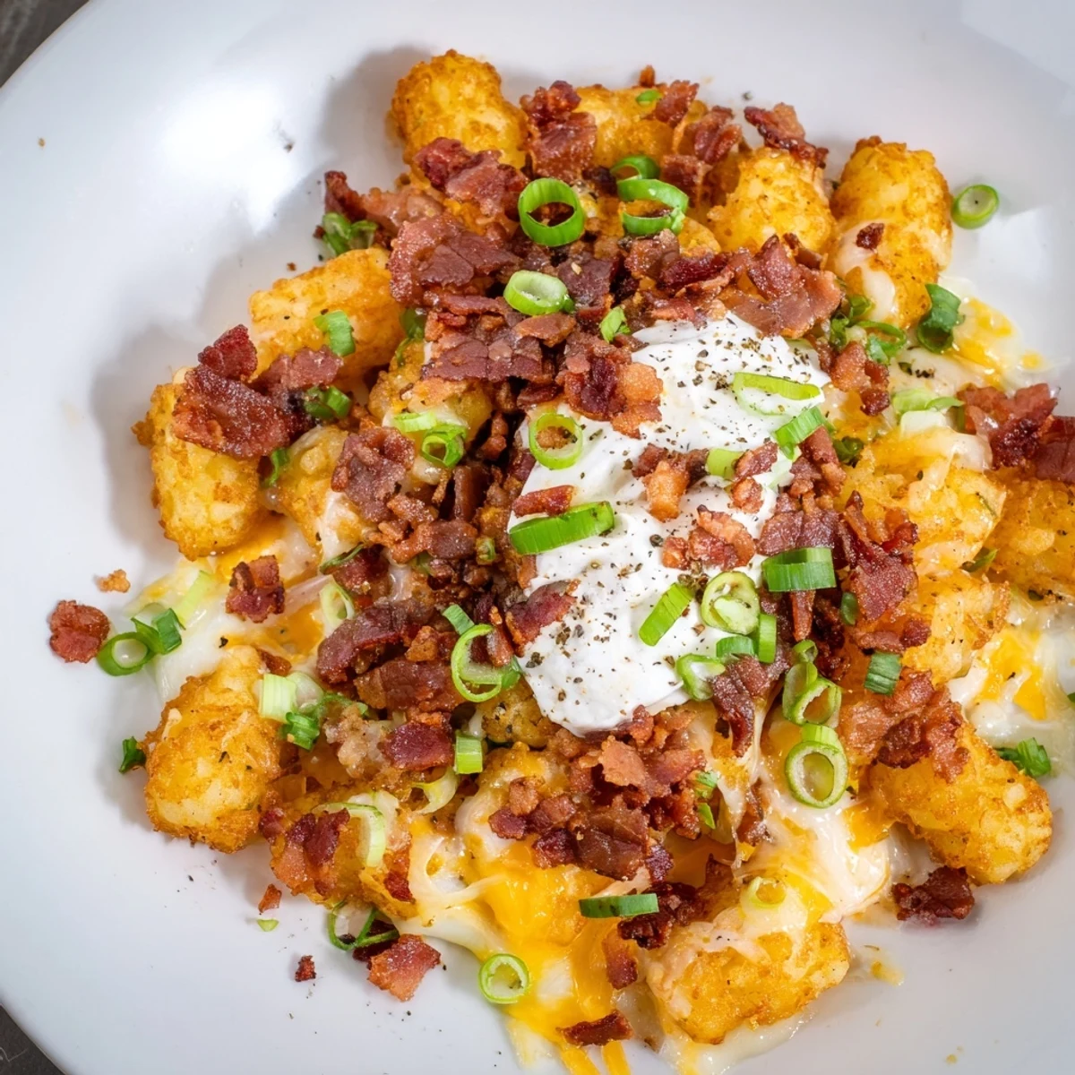 Golden loaded tater tots smothered in cheddar and mozzarella, finished with sour cream and parsley for an appetizer.