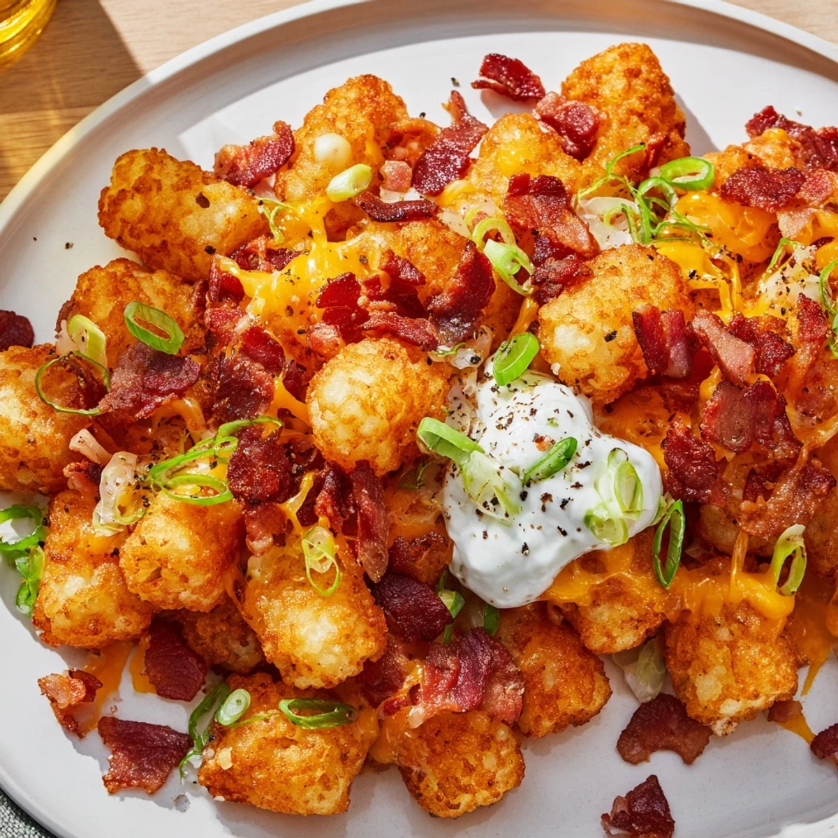 Hot baked loaded tater tots with bubbly cheese, beef bacon crumbles, and scallions served as a game-day snack.