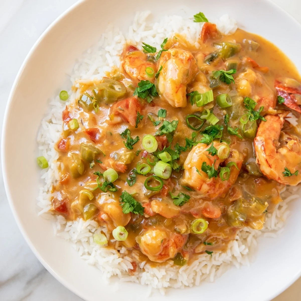 Golden-brown crawfish étouffée simmering in a rich, tomato-based roux, served over a mound of fluffy white rice.