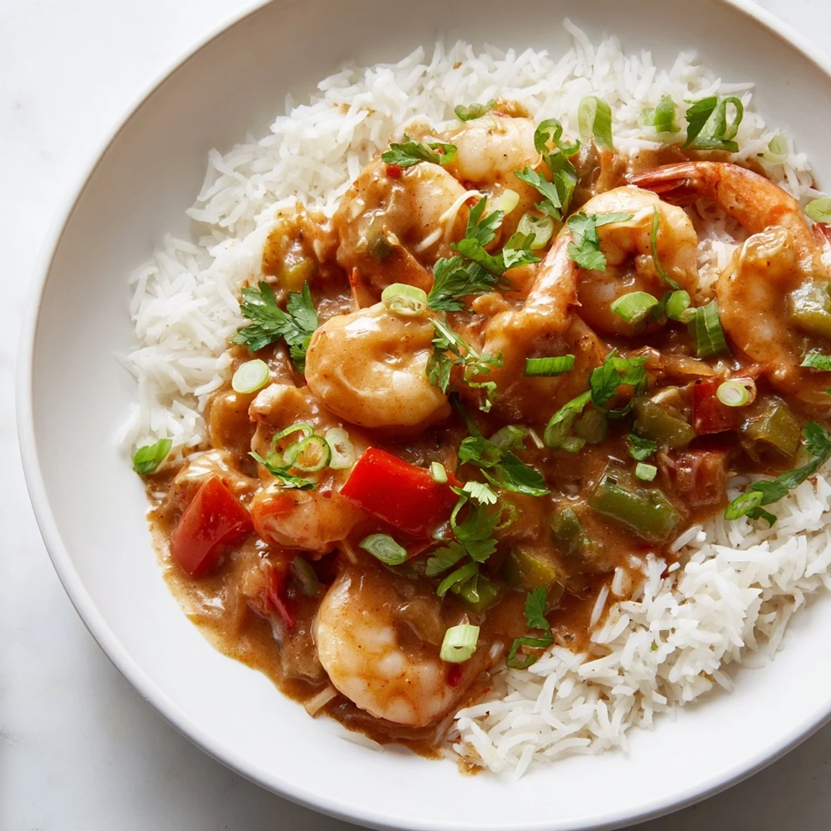 A hearty bowl of Louisiana crawfish étouffée, garnished with fresh green onions and parsley, alongside steamed white rice.