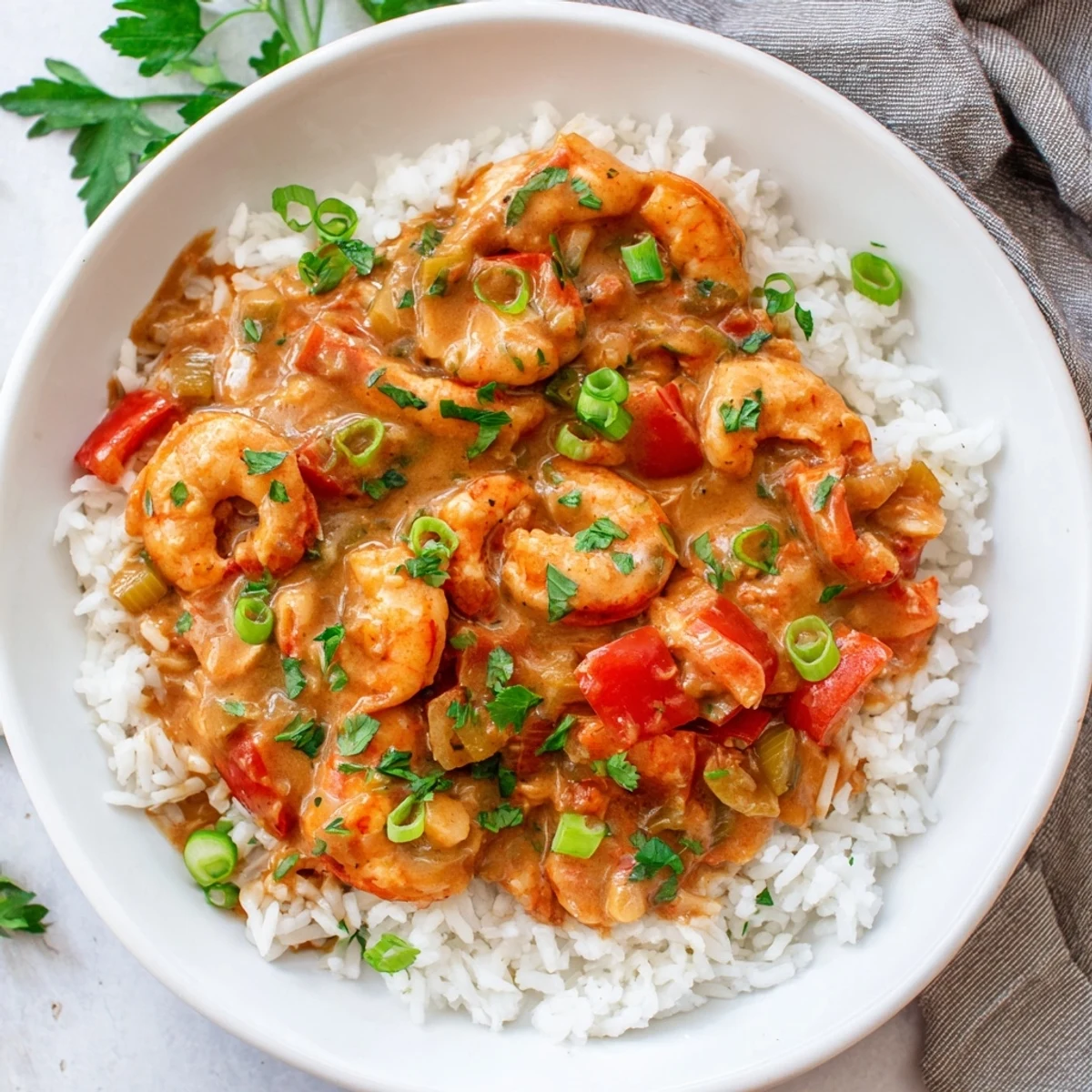 Tender crawfish tails swimming in a savory, spicy étouffée sauce, spooned over fluffy white rice for a classic Cajun meal.