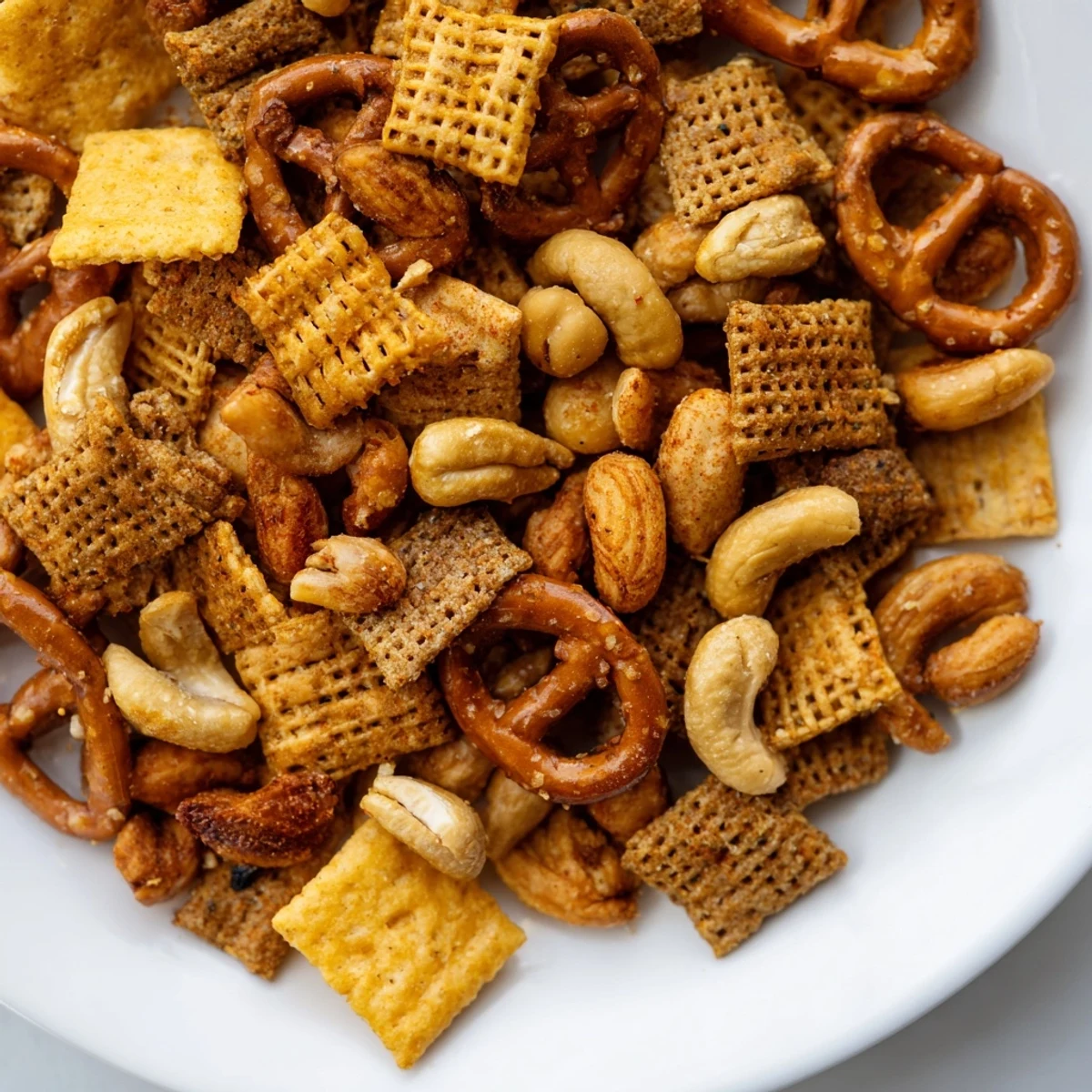 Super Bowl Snack Mix with Nuts and Pretzels sits in a big bowl, loaded with pretzels, nuts, and seasoned crackers for a game day snack.