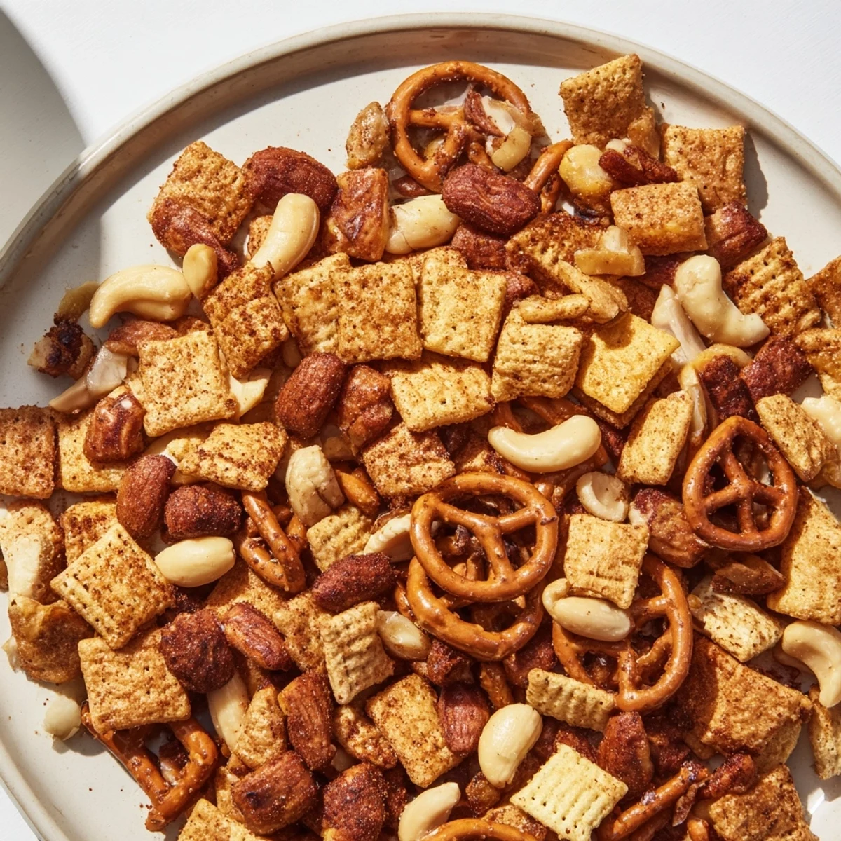 Crunchy Super Bowl Snack Mix with Nuts and Pretzels in a serving bowl, featuring pretzels, peanuts, cashews, and seasoned crackers for a party spread.