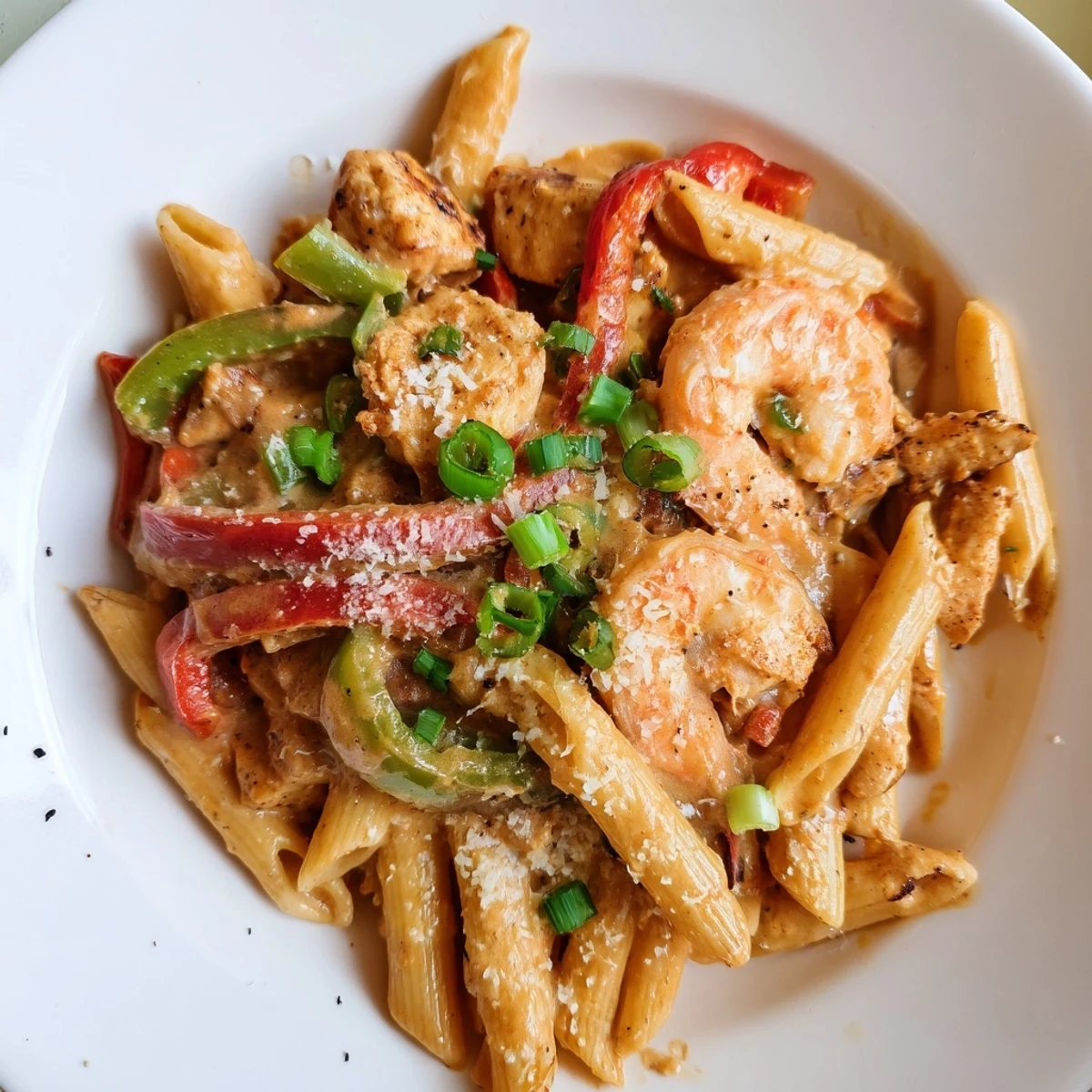 Close-up of Spicy Jambalaya Pasta with Chicken and Shrimp, featuring penne in a creamy red sauce with peppers and Parmesan.